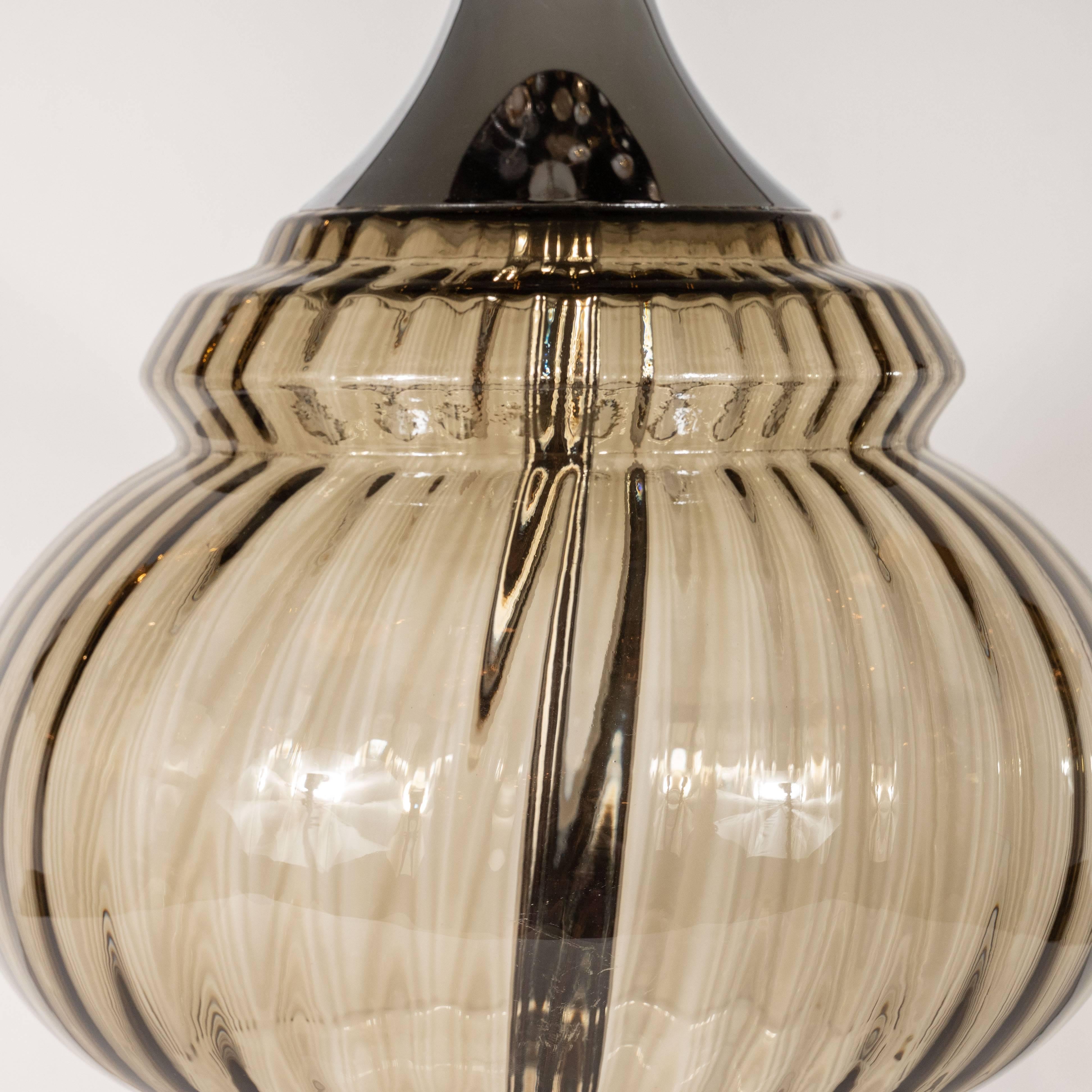 Blown Glass Mid-Century Modern Smoked and Ribbed Glass Table Lamp with Chrome Fittings For Sale