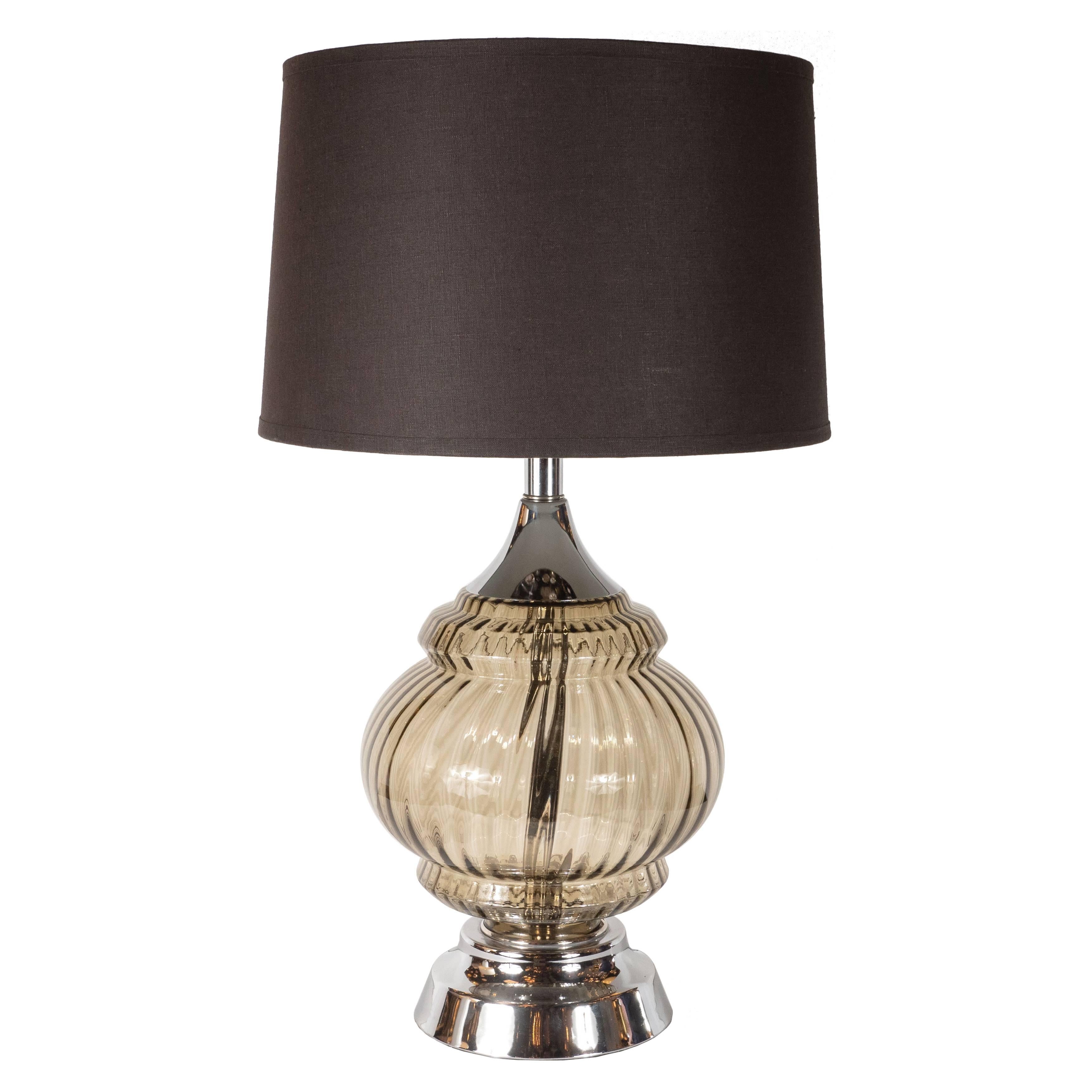 Mid-Century Modern Smoked and Ribbed Glass Table Lamp with Chrome Fittings