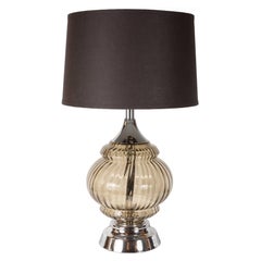 Retro Mid-Century Modern Smoked and Ribbed Glass Table Lamp with Chrome Fittings