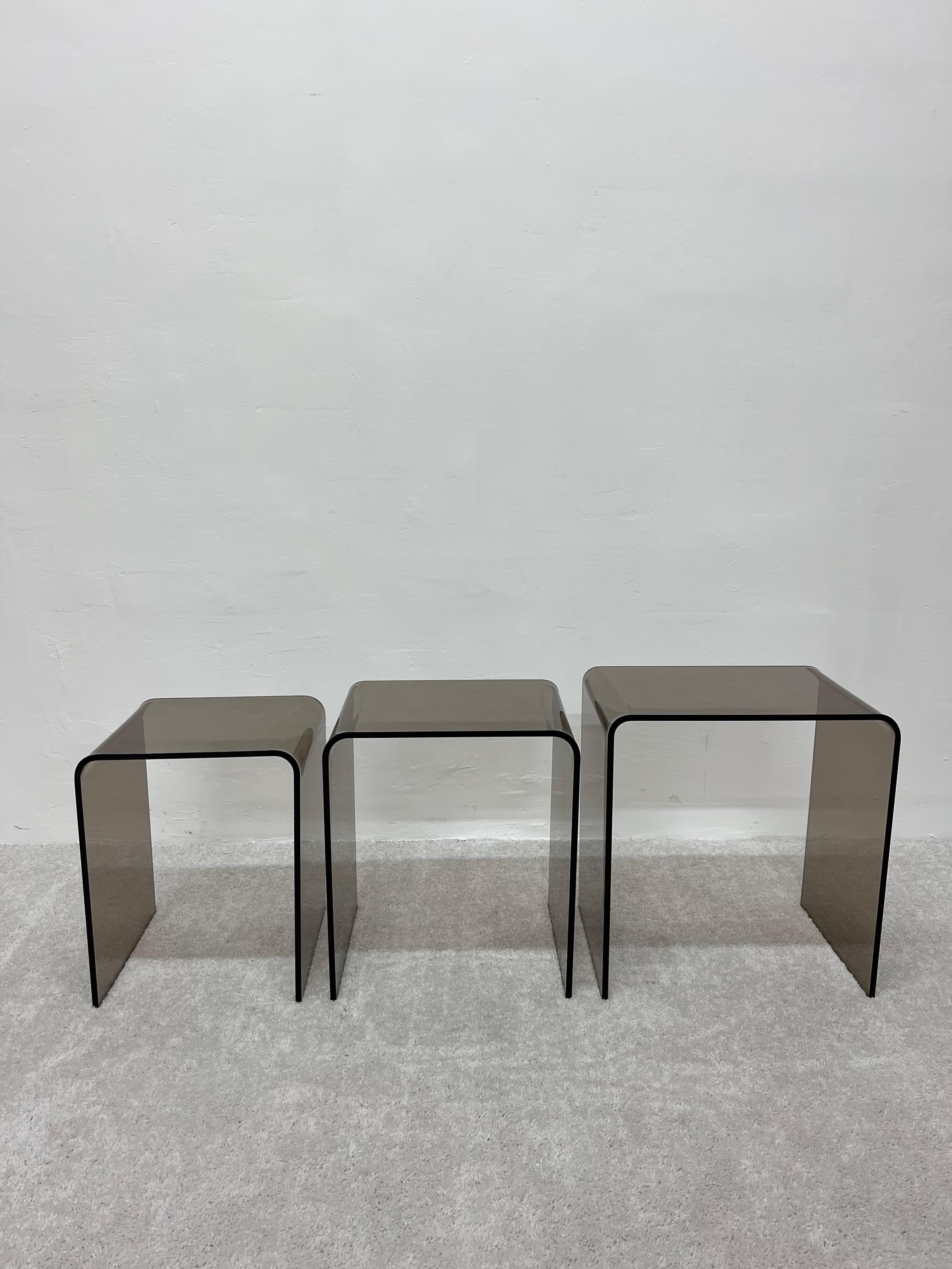Mid-Century Modern Smoked Brown Lucite Nesting Tables, Set of Three 3
