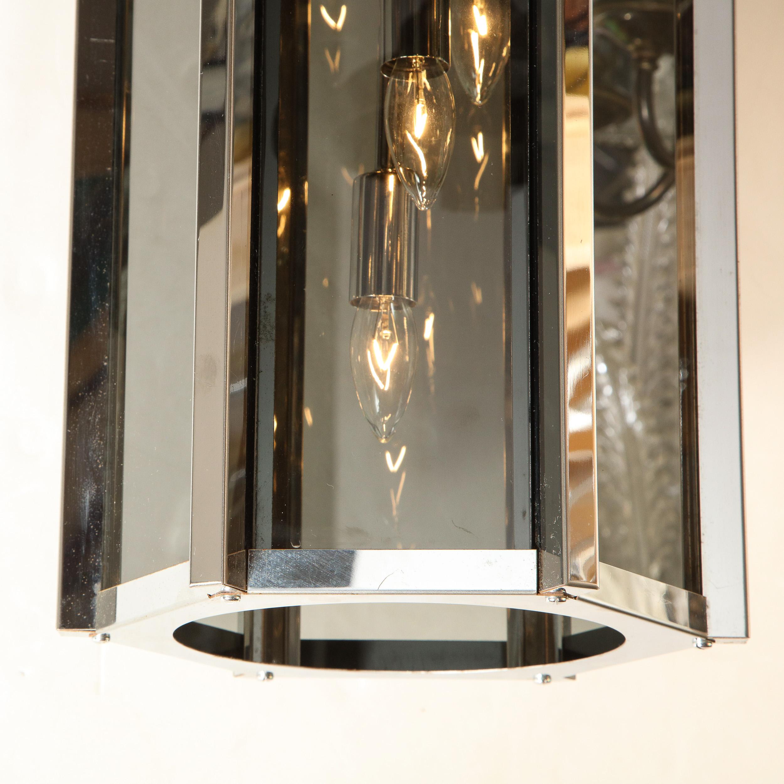 Frederick Ramond Mid-Century Smoked Glass & Chrome Hexagonal Lantern Chandelier For Sale 4