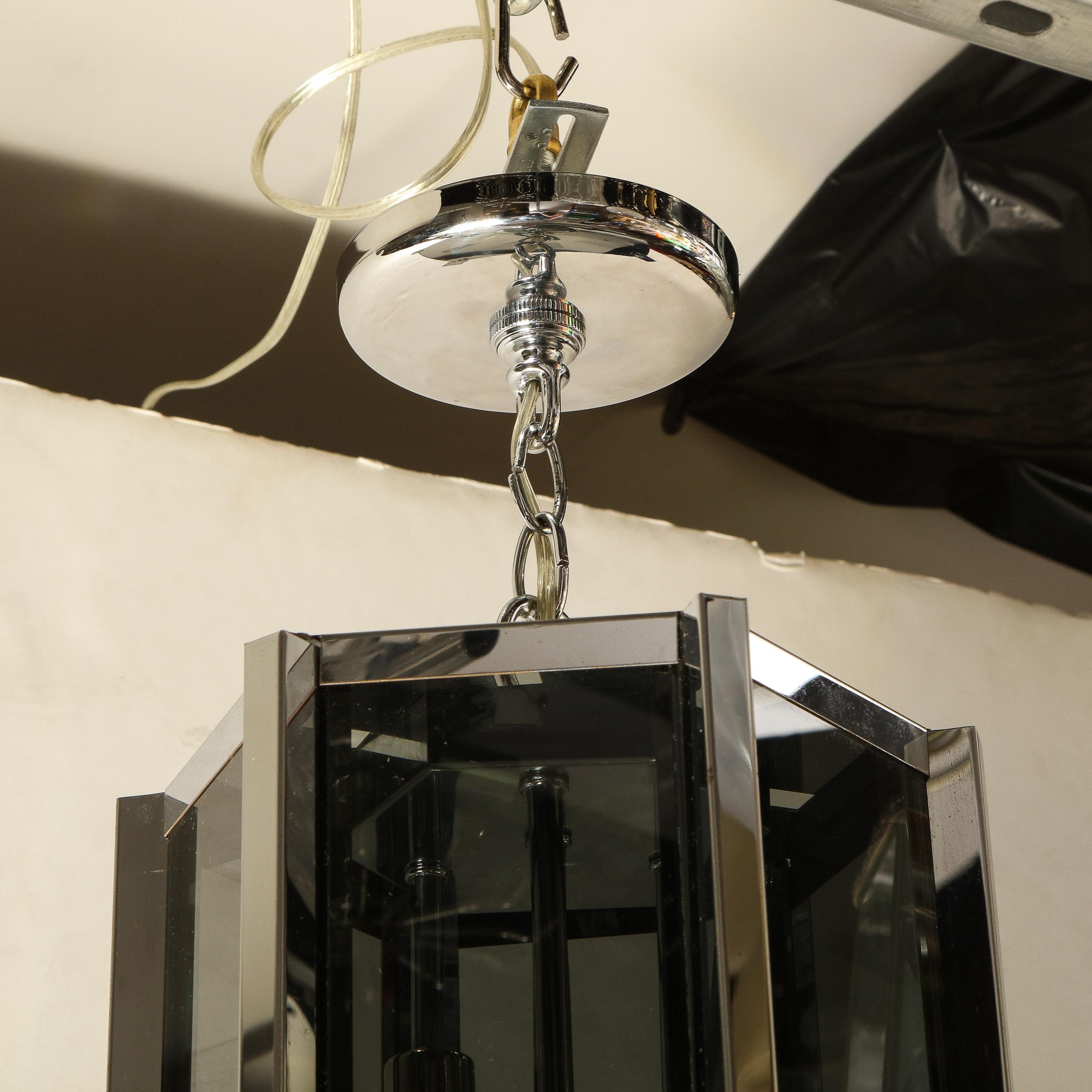 Late 20th Century Frederick Ramond Mid-Century Smoked Glass & Chrome Hexagonal Lantern Chandelier For Sale
