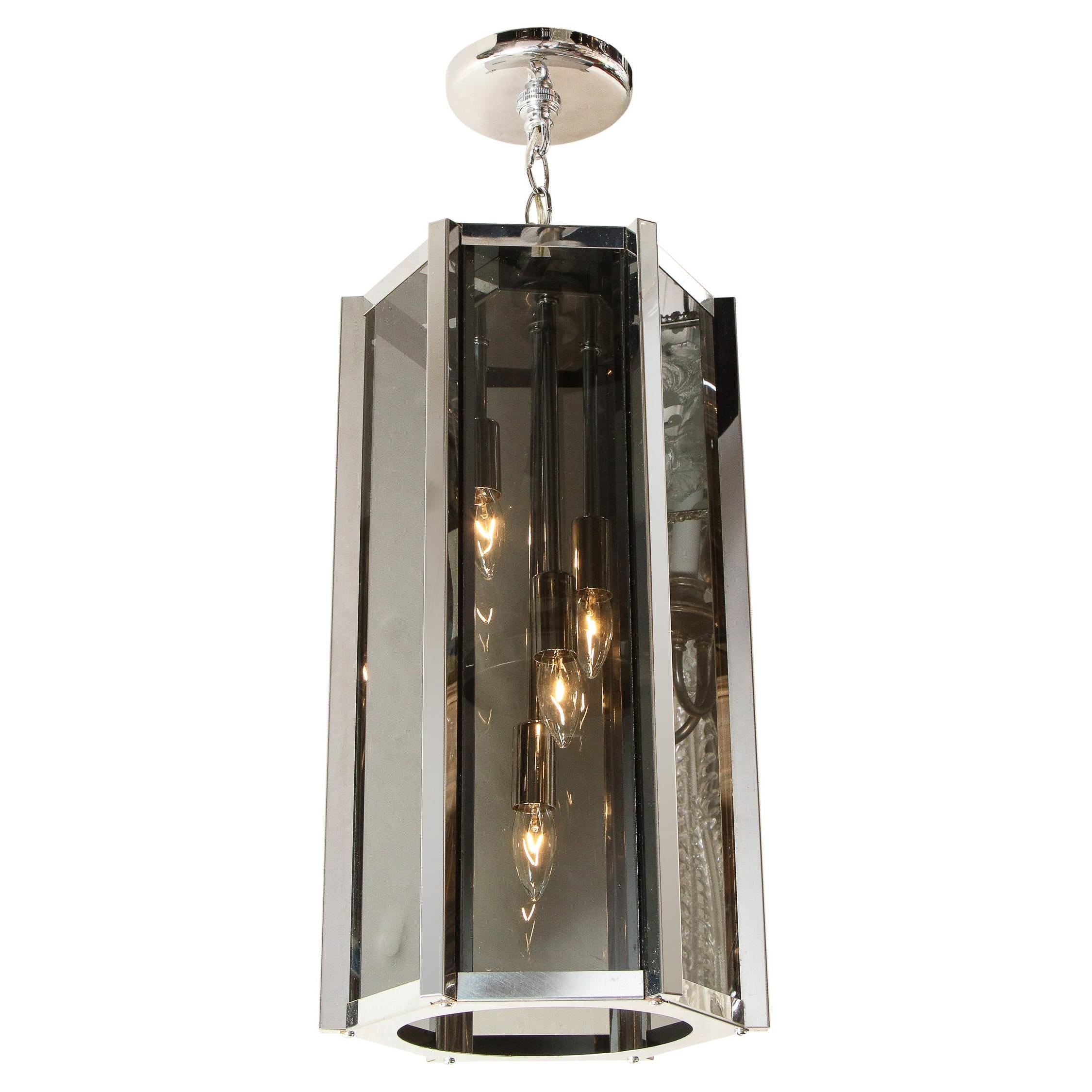 Frederick Ramond Mid-Century Smoked Glass & Chrome Hexagonal Lantern Chandelier For Sale