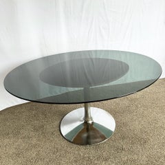 Mid Century Modern Smoked Glass Chrome Tulip Dining Table