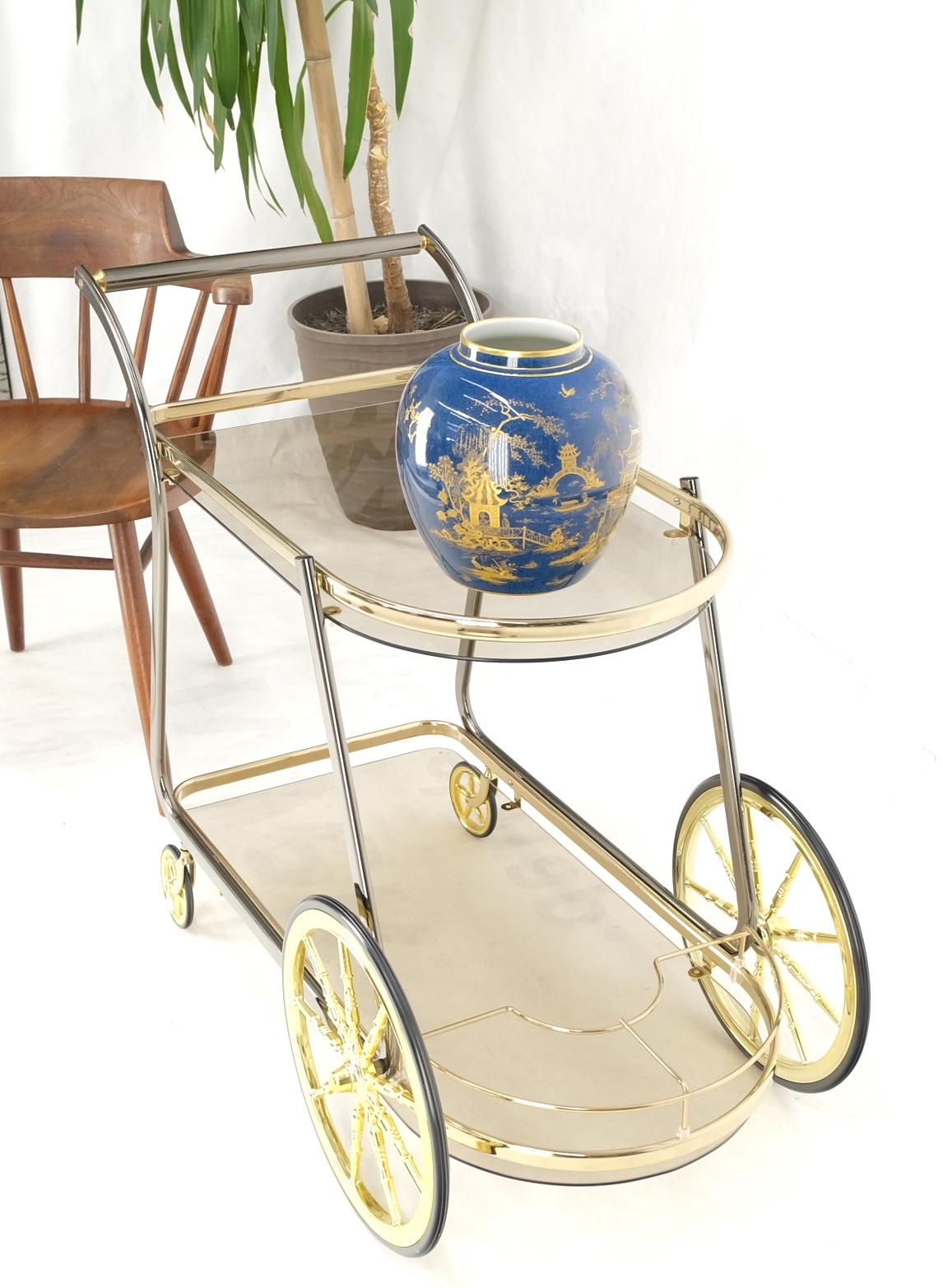 Chrome & brass Mid-Century Modern smoked glass half round shape serving cart bar side table on wheels mint.