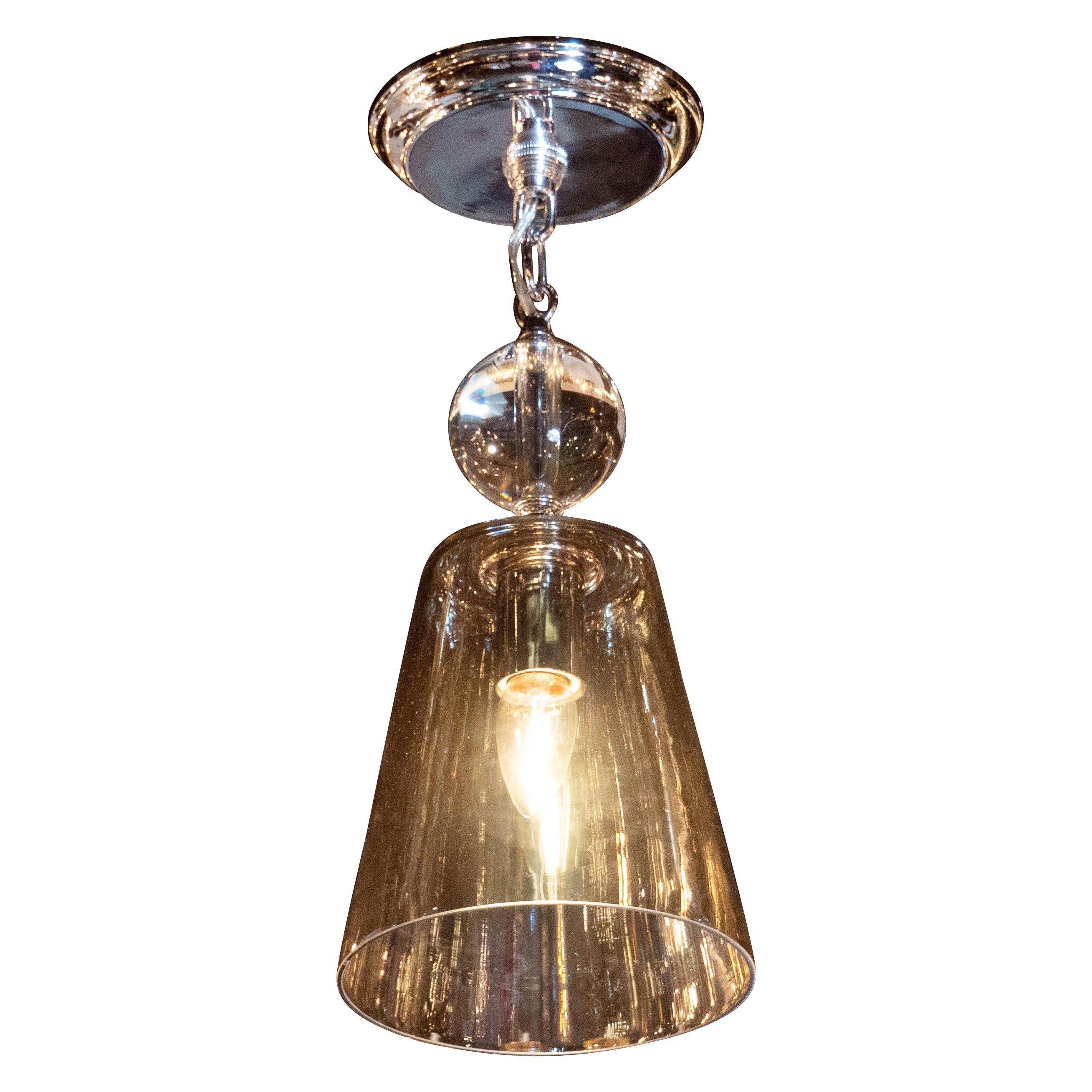 Lampe à suspension en verre fumé Mid Century modern, avec raccords chromés