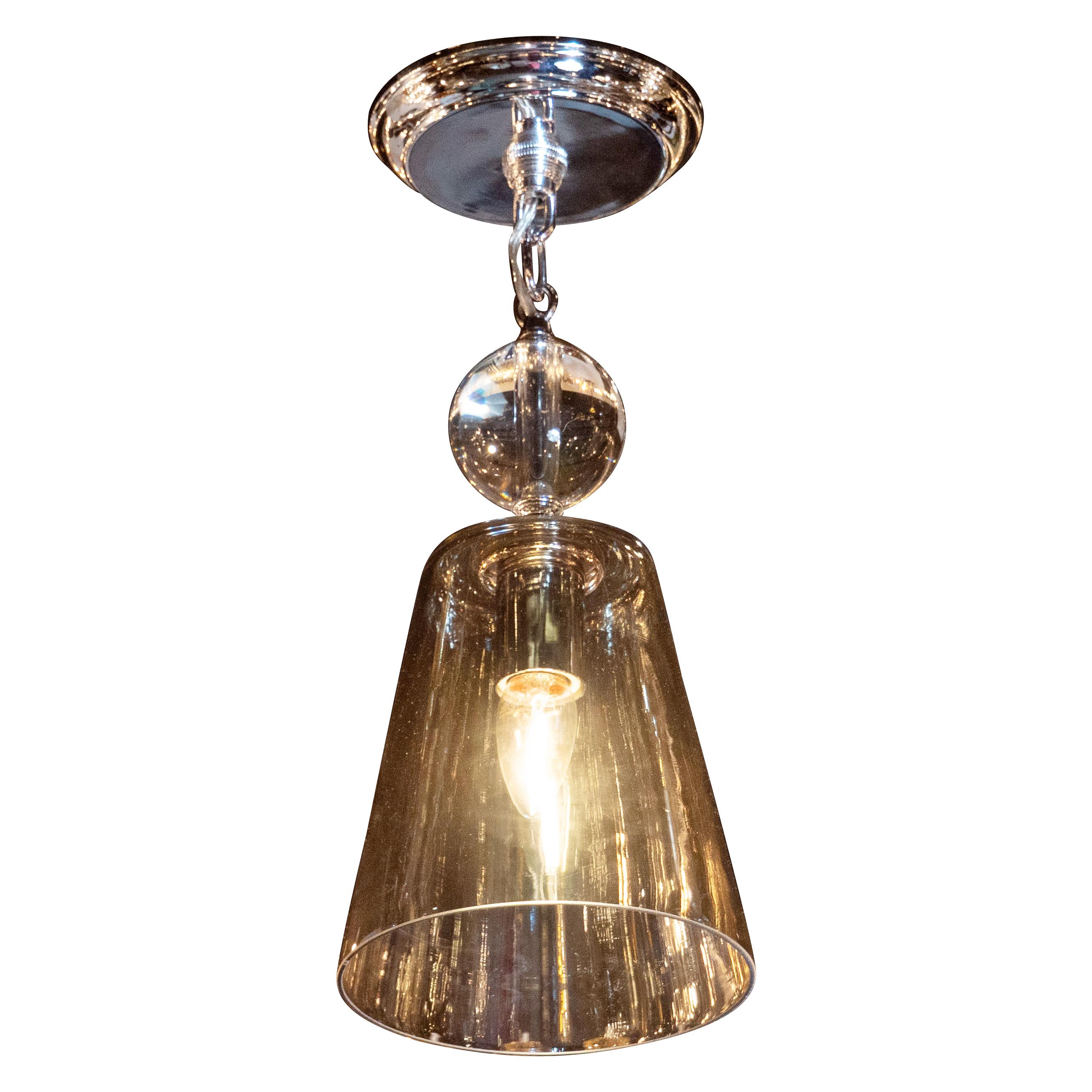 Mid-Century Modern Smoked Glass Pendant with Chrome Fittings