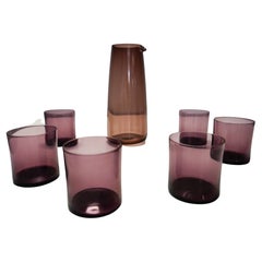 Retro Mid-Century Modern Smoked Glass Purple Water Carafe & Drink Glasses, 1960s