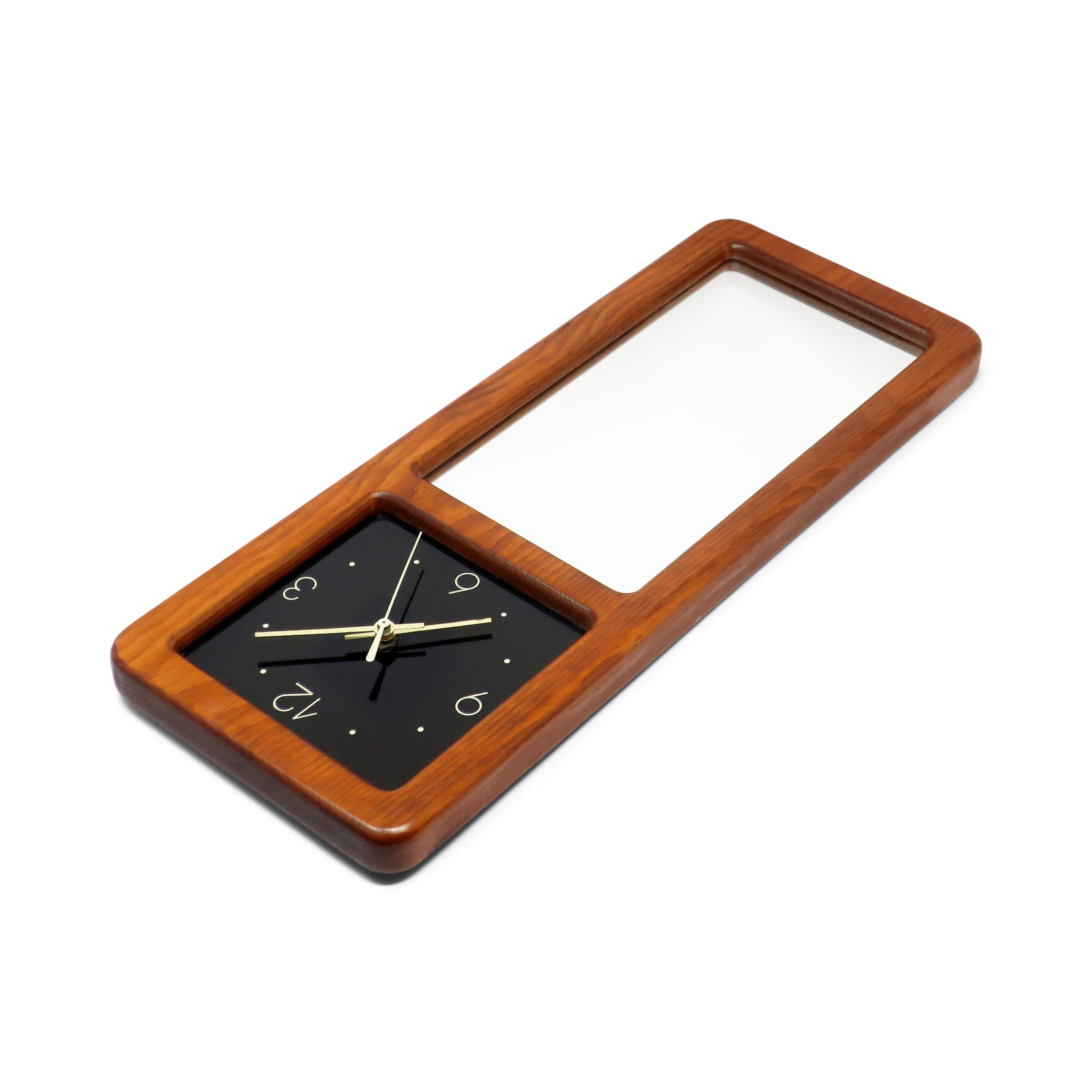Mid Century Modern Smoked Lucite and Oak Mirror Wall Clock In Good Condition In Brooklyn, NY
