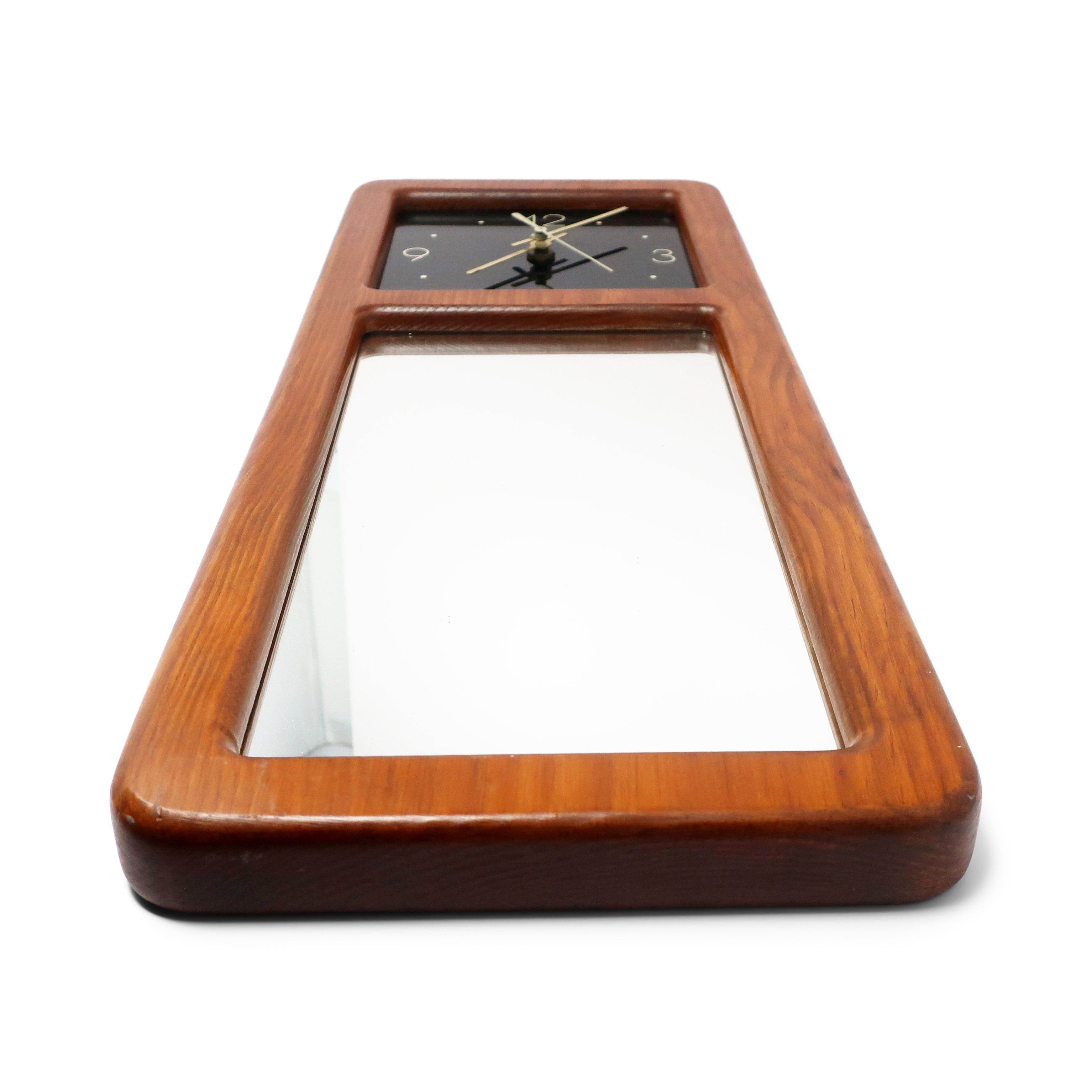 Mid Century Modern Smoked Lucite and Oak Mirror Wall Clock For Sale 1