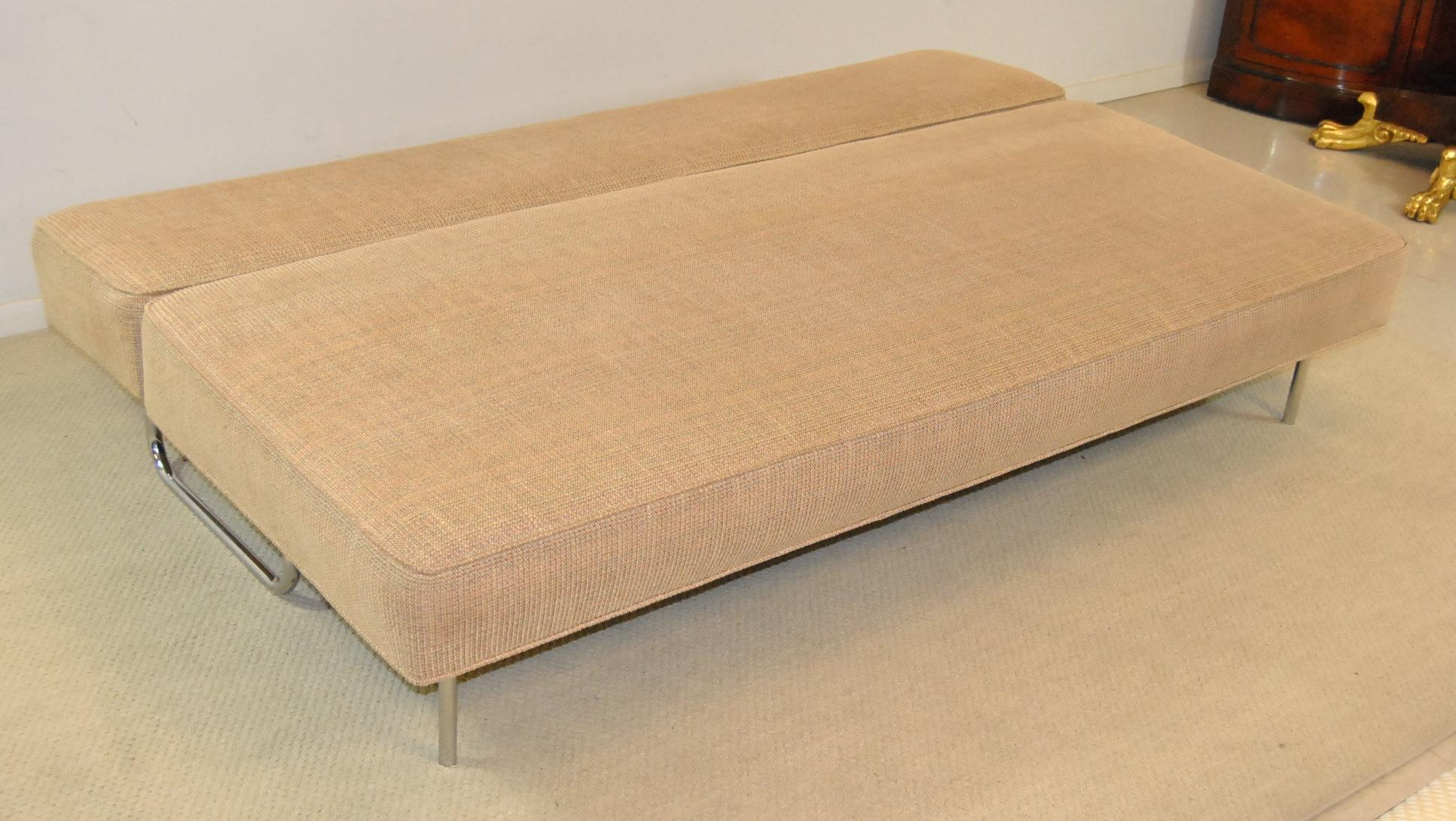Mid-Century Modern sofa / bed by Ernst Ambuhler EA-616. Camel fabric with woven multicolored texture. Tubular frame forms sofa or folds down into a bed. Sofa is 76
