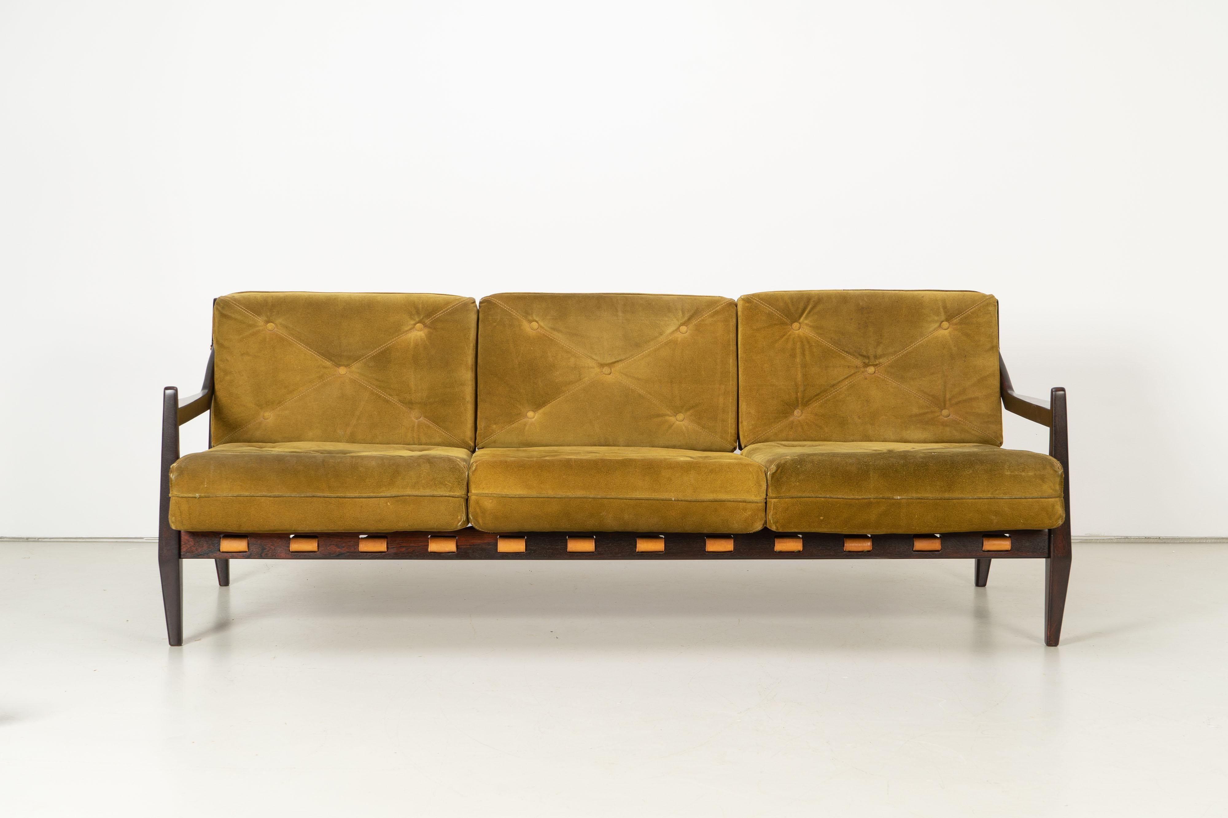 Rare Brazilian rosewood sofa by Jean Gillon from the 1960s. The sofa has been refinished but has original suede cushions. The buyer receives the CITES permit with the purchase (see pictures).