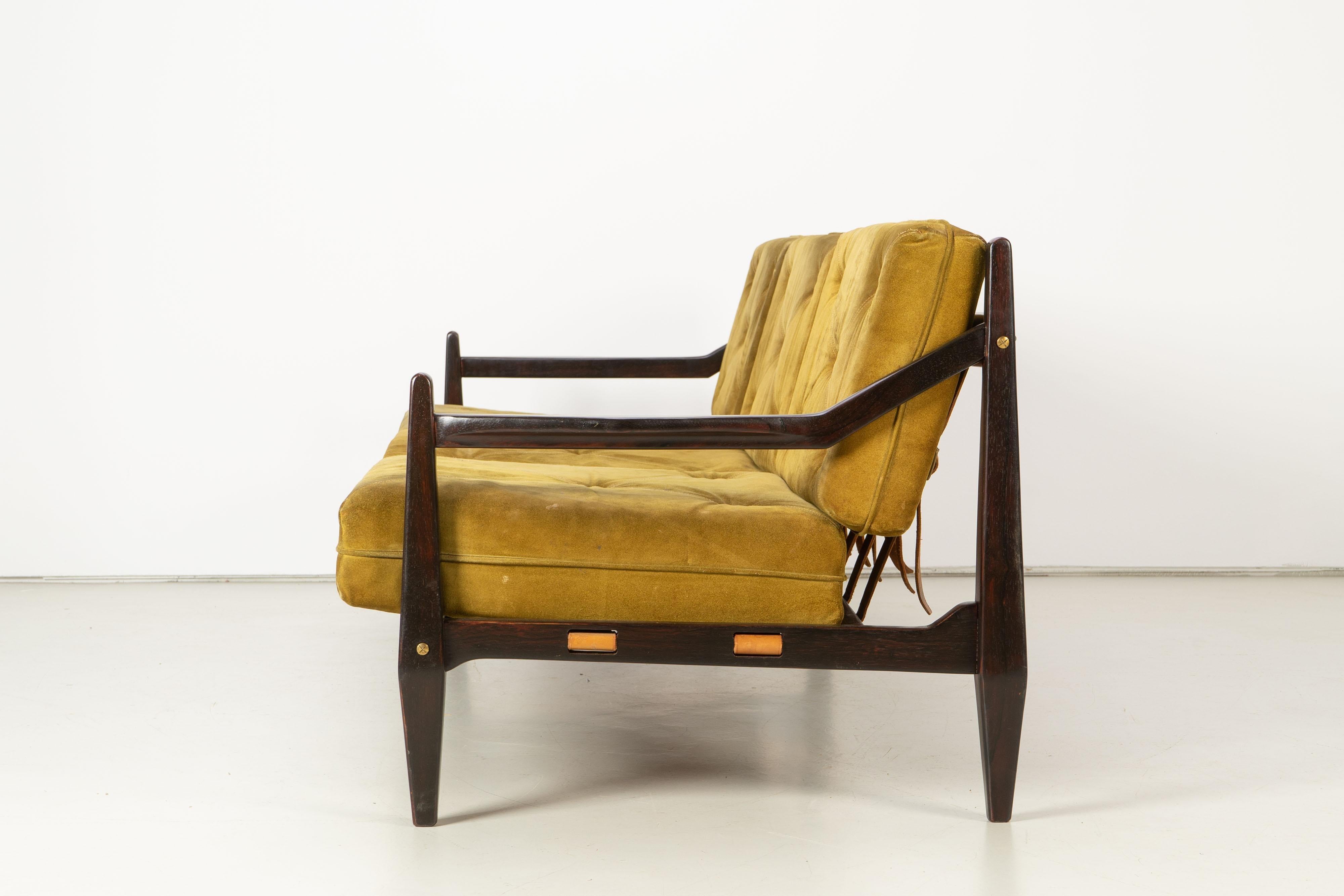 Brazilian Mid-Century Modern Sofa by Jean Gillon Rosewood Suede, Brazil, 1960s