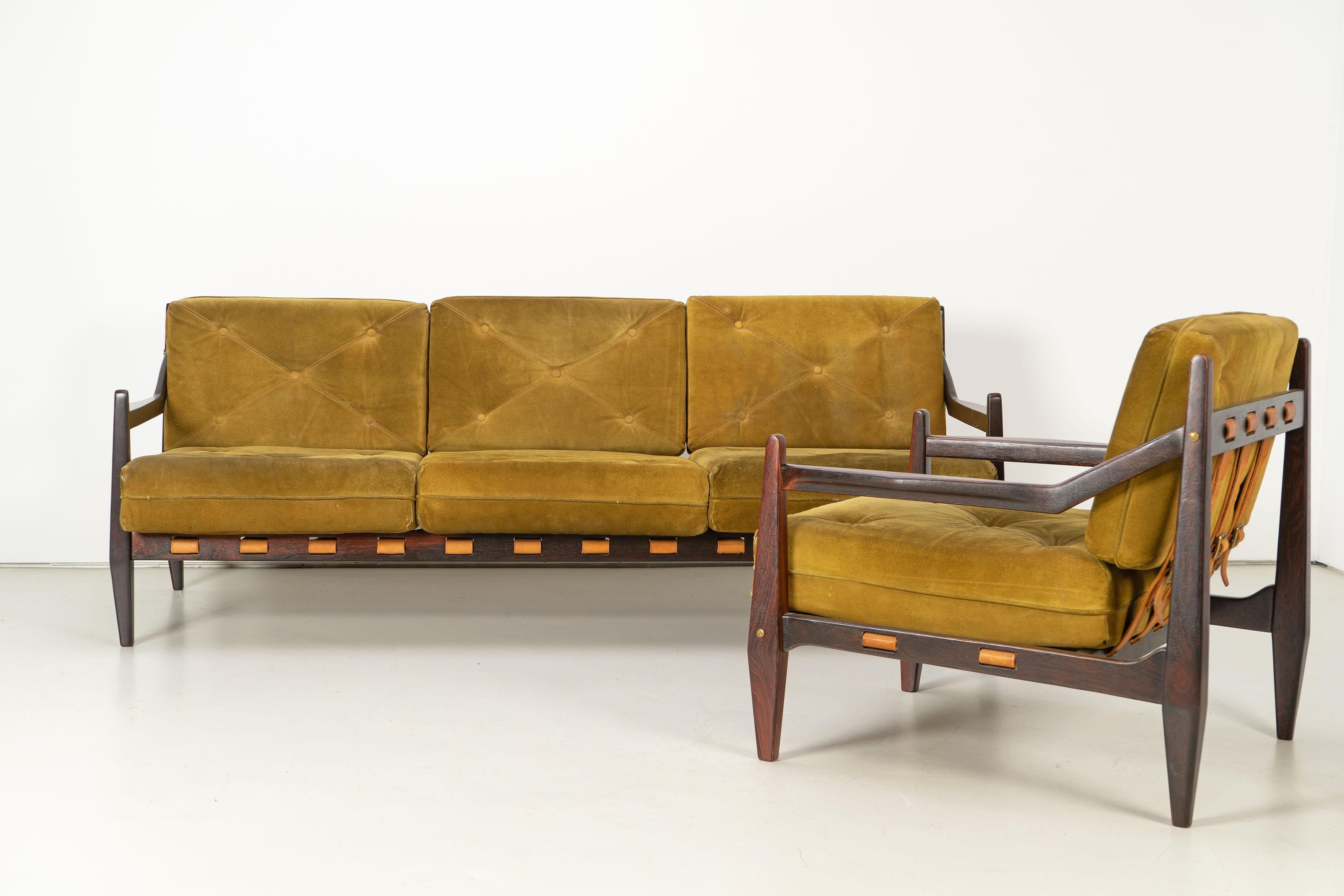 Mid-Century Modern Sofa by Jean Gillon Rosewood Suede, Brazil, 1960s 1
