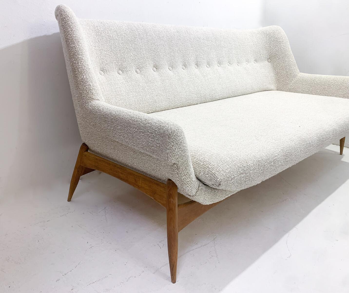 Fabric Mid-Century Modern Sofa by Julia Gaubek, Beige Upholstery, Hungary, 1950s For Sale
