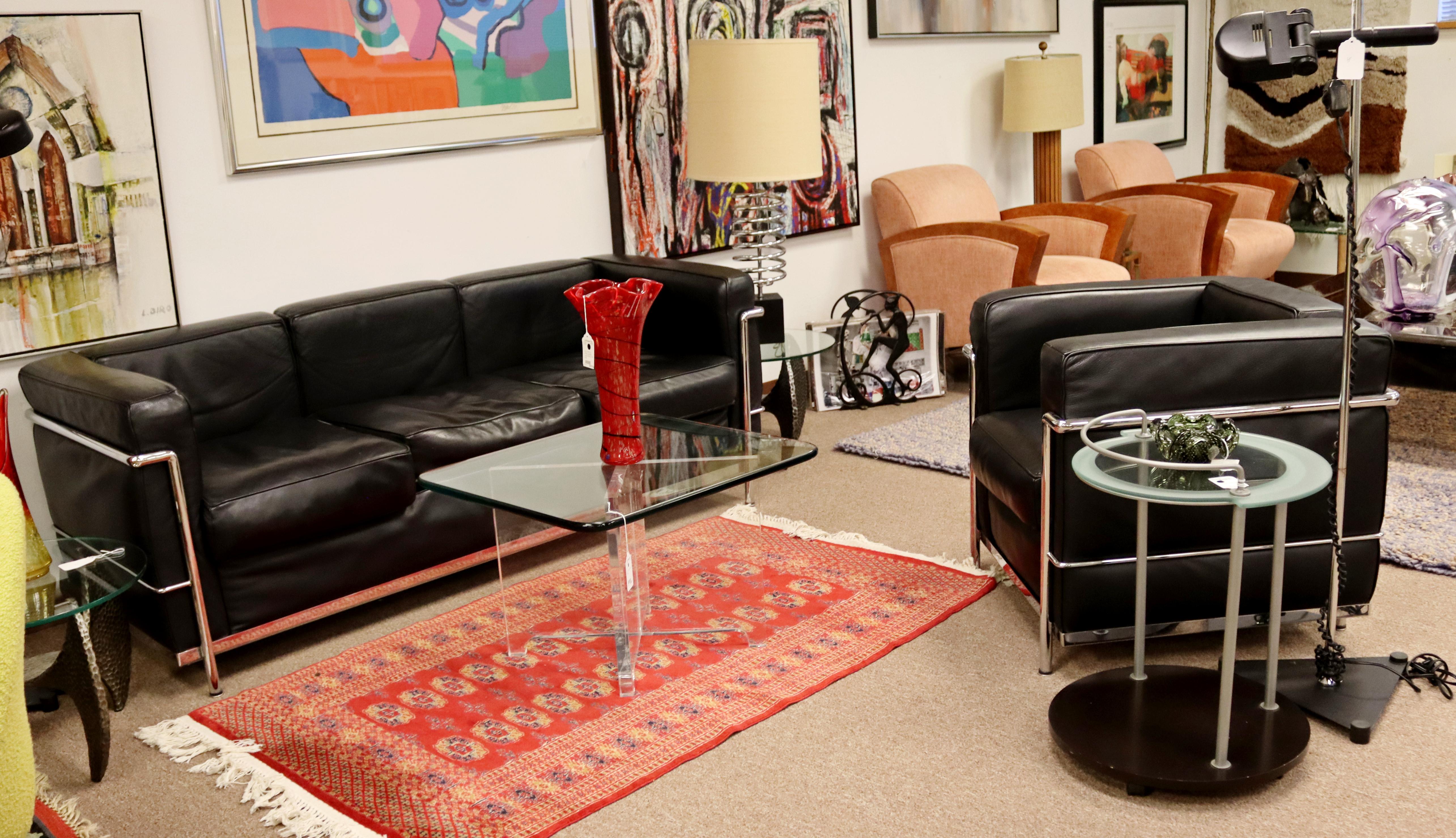 Mid-Century Modern Sofa Chair Set Corbusier Style Chrome Black Leather Italy 70s 3