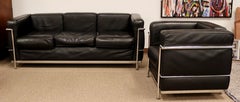 Mid-Century Modern Sofa Chair Set Corbusier Style Chrome Black Leather Italy 70s
