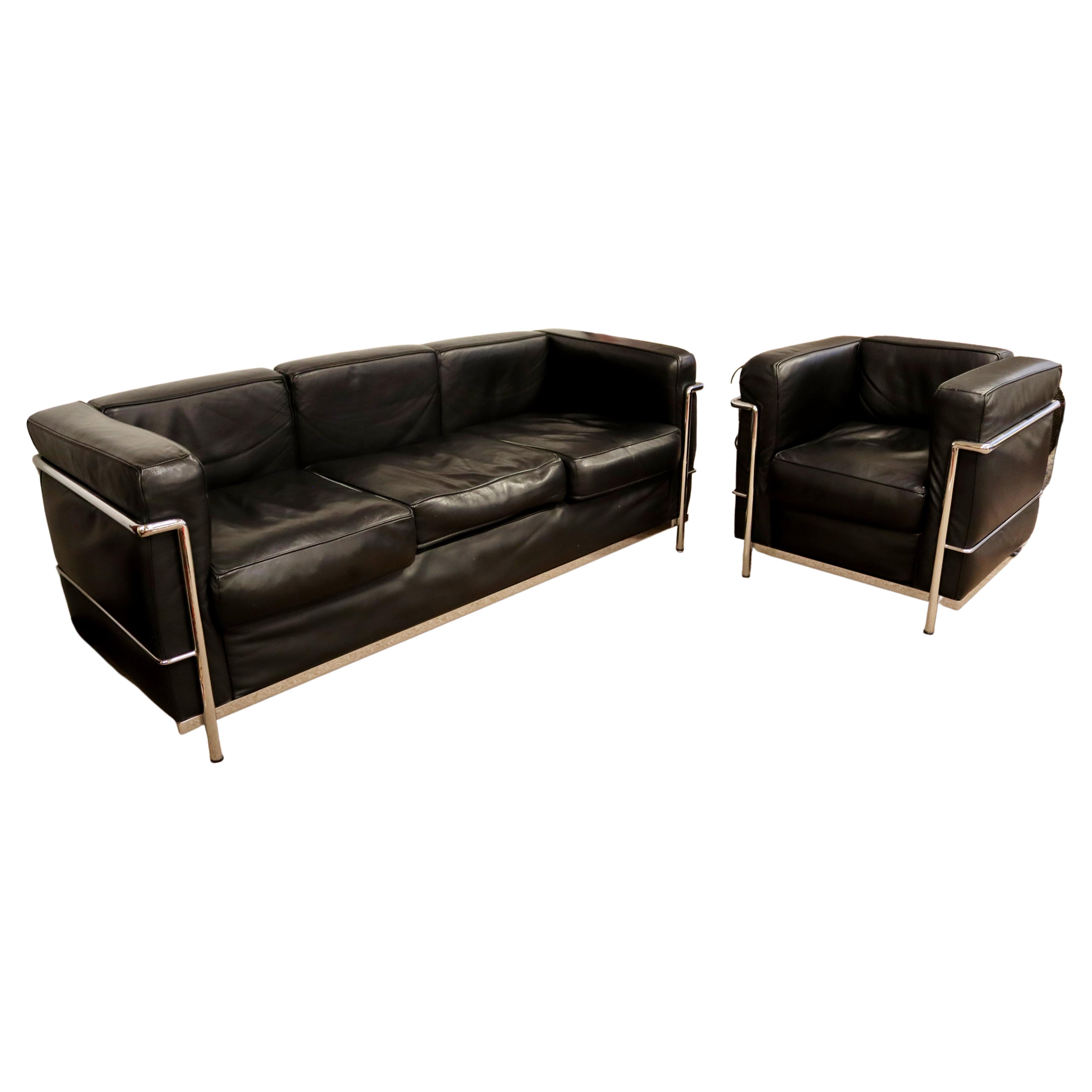 MidCentury Modern Sofa Chair Set Corbusier Style Chrome Black Leather