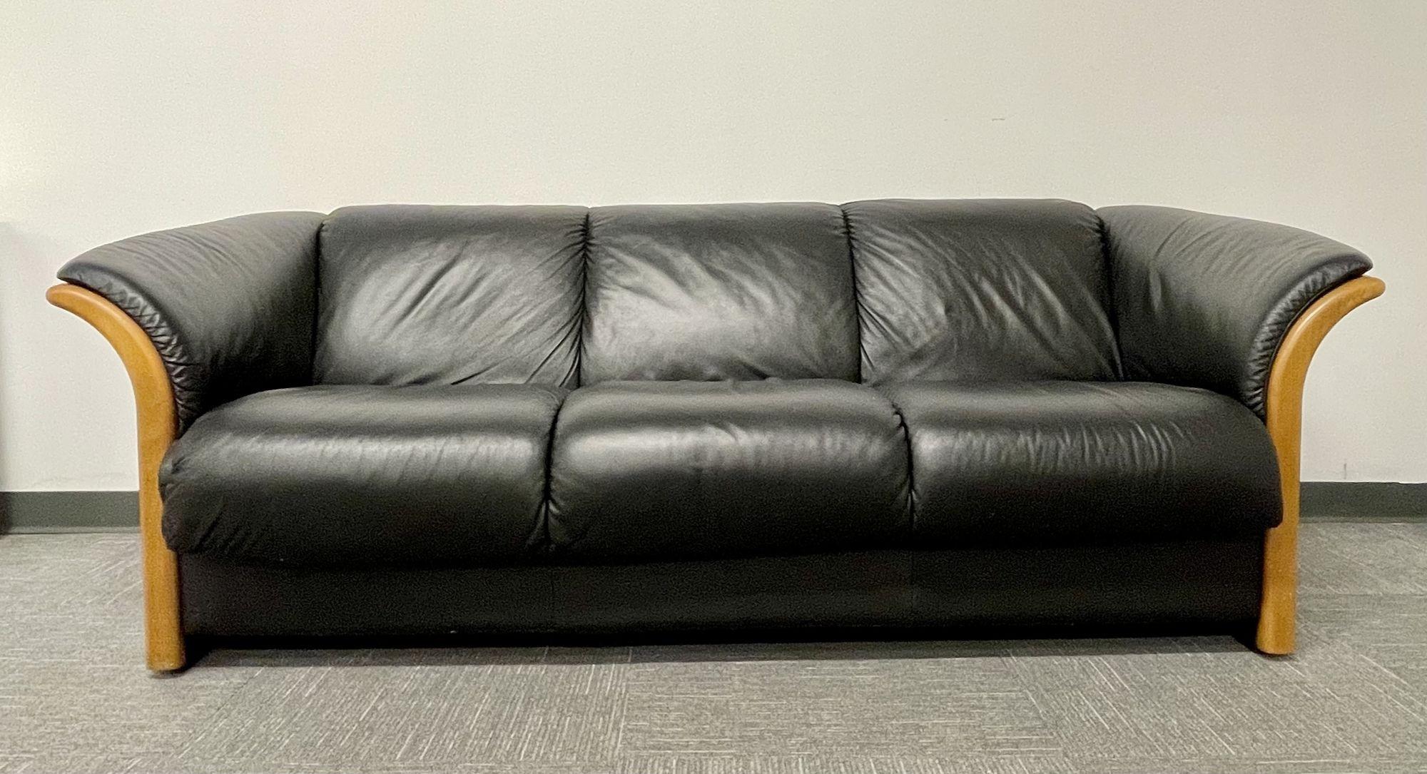 Mid-Century Modern Sofa, Couch, Wood Trim, Black Leather 1