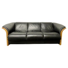 Vintage Mid-Century Modern Sofa, Couch, Wood Trim, Black Leather