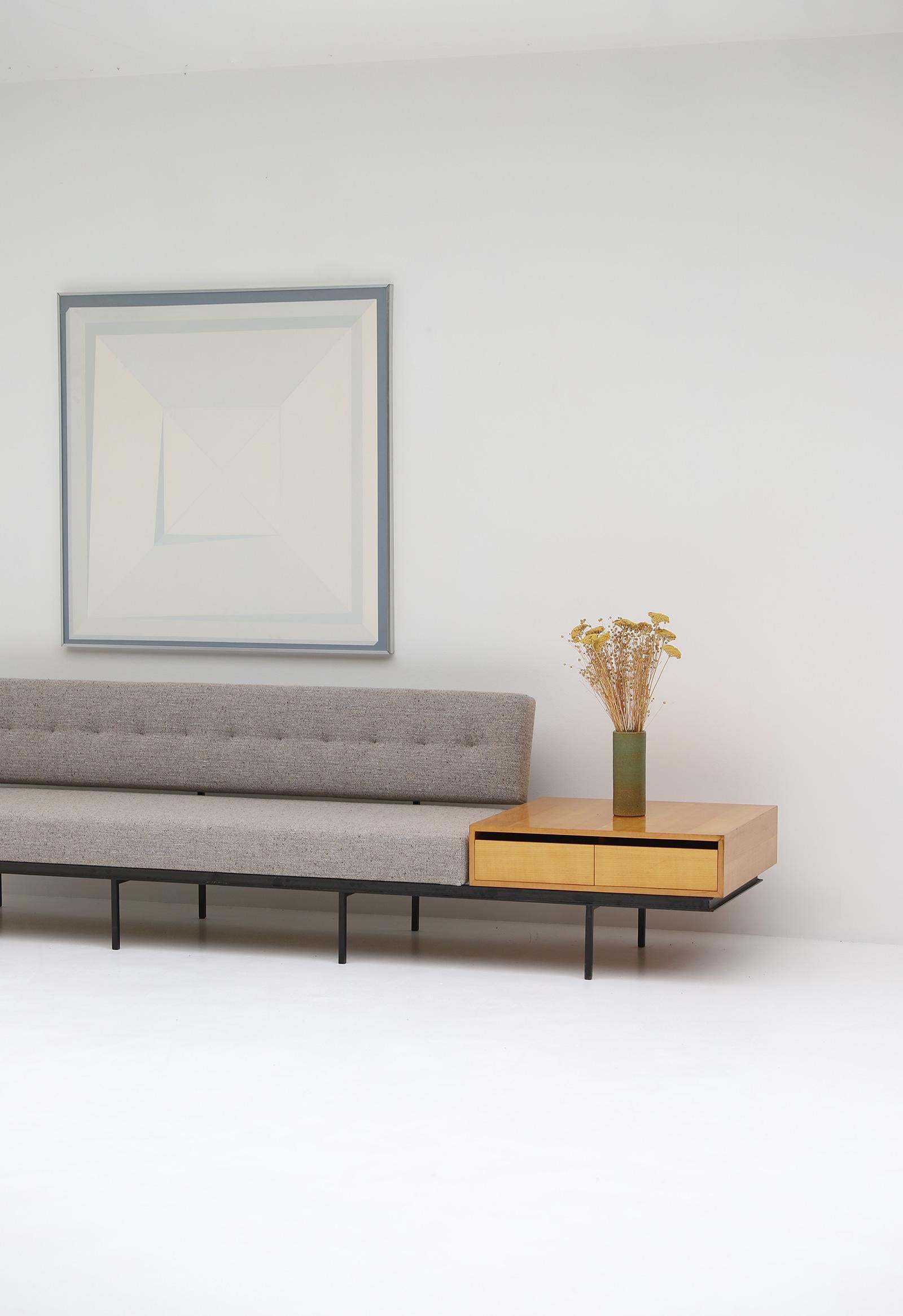 European Mid-Century Modern Sofa & End Cabinet in a Grey Fabric by Florence Knoll, 1960s For Sale