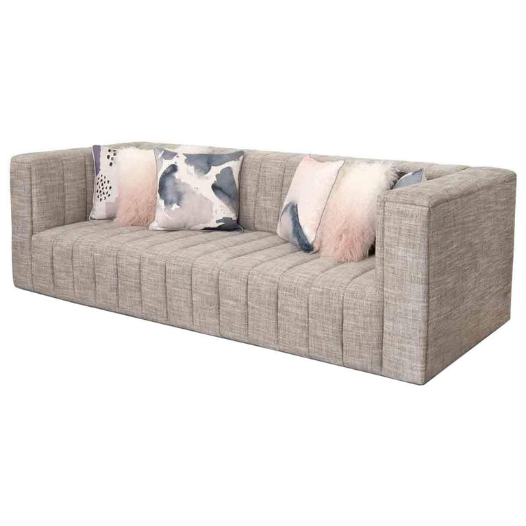 Mid Century Modern Sofa In Erscotch Linen With Long Arm Tufting Fit