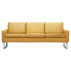 Mid-Century Modern Sofa in Camel Yellow Leather and Steel