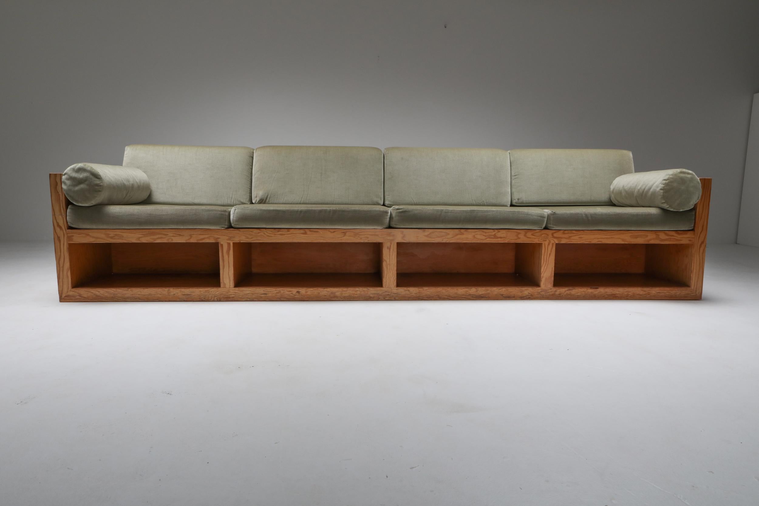 Mid-Century Modern Sofa in Pitch Pine and Velvet 2