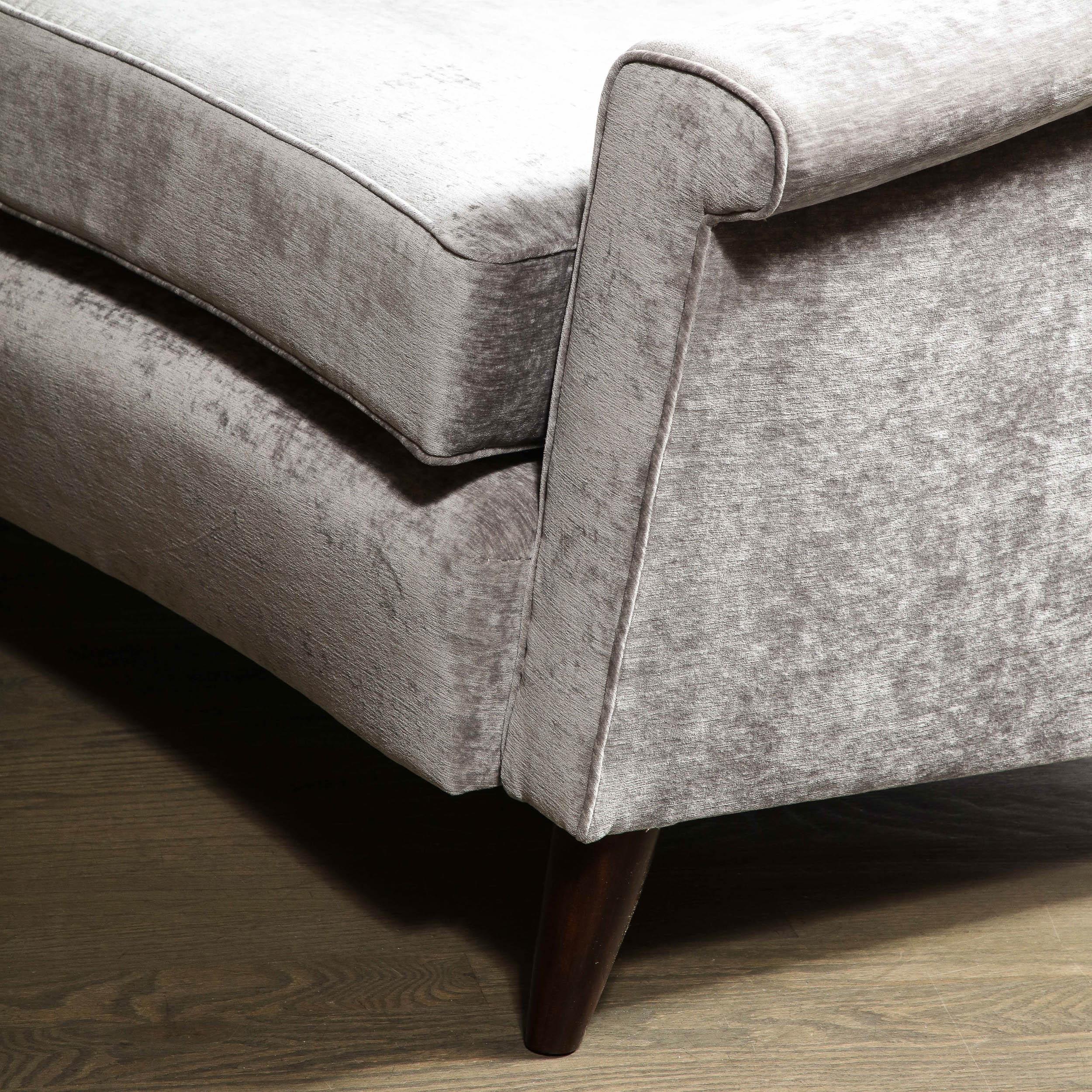 Mid-Century Modern Sofa in Smoked Pewter Velvet & Ebonized Walnut by Jules Leleu For Sale 8