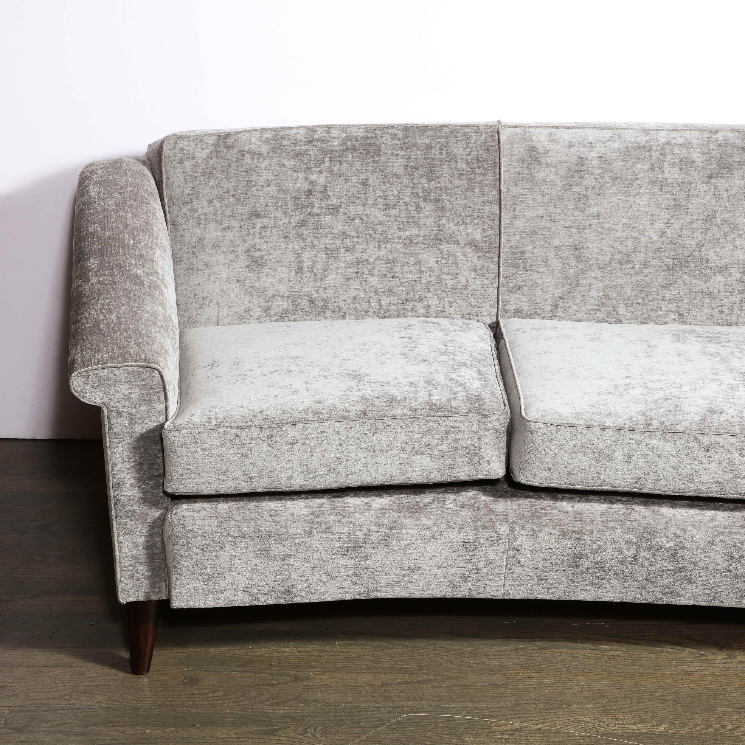 French Mid-Century Modern Sofa in Smoked Pewter Velvet & Ebonized Walnut by Jules Leleu For Sale
