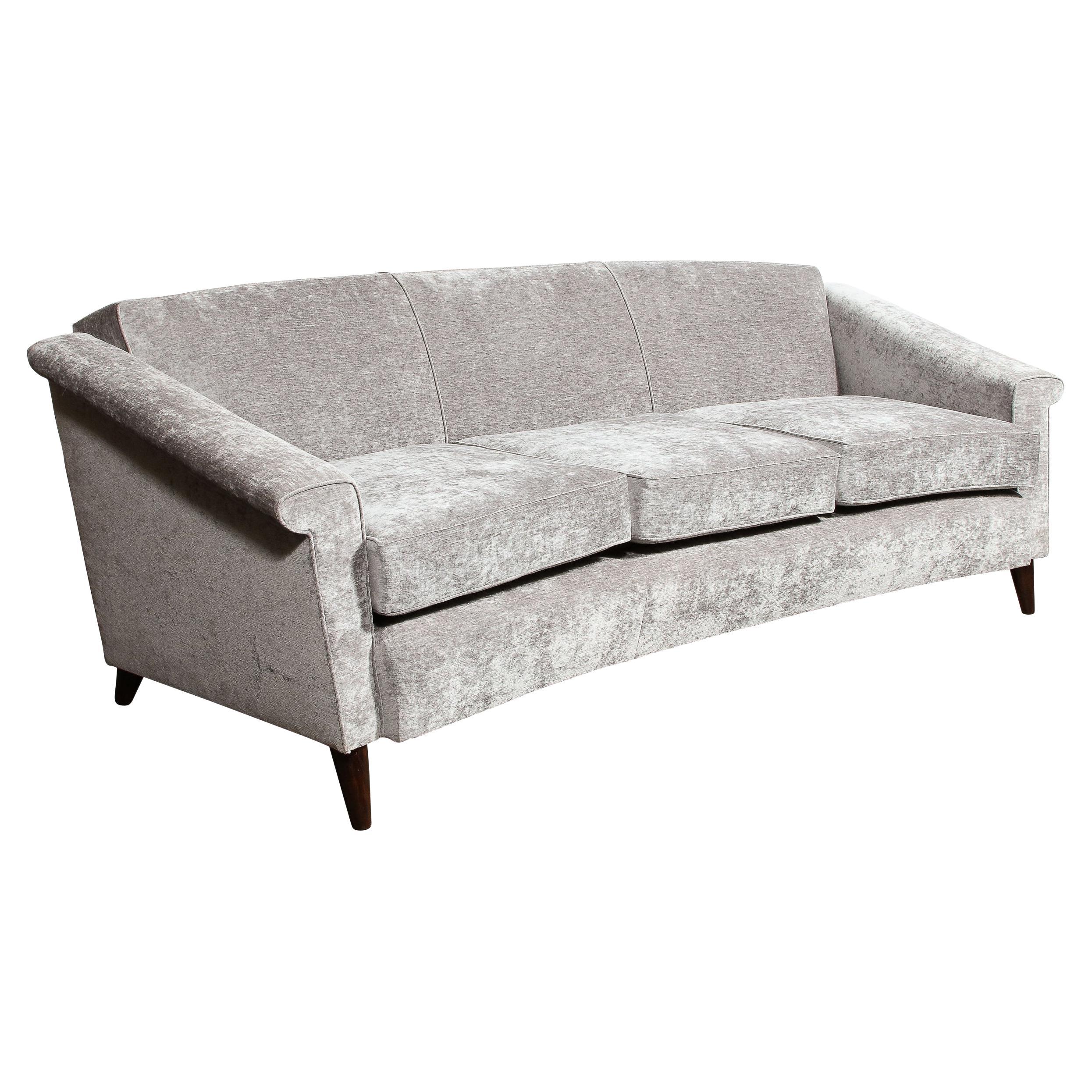 Mid-Century Modern Sofa in Smoked Pewter Velvet & Ebonized Walnut by Jules Leleu For Sale