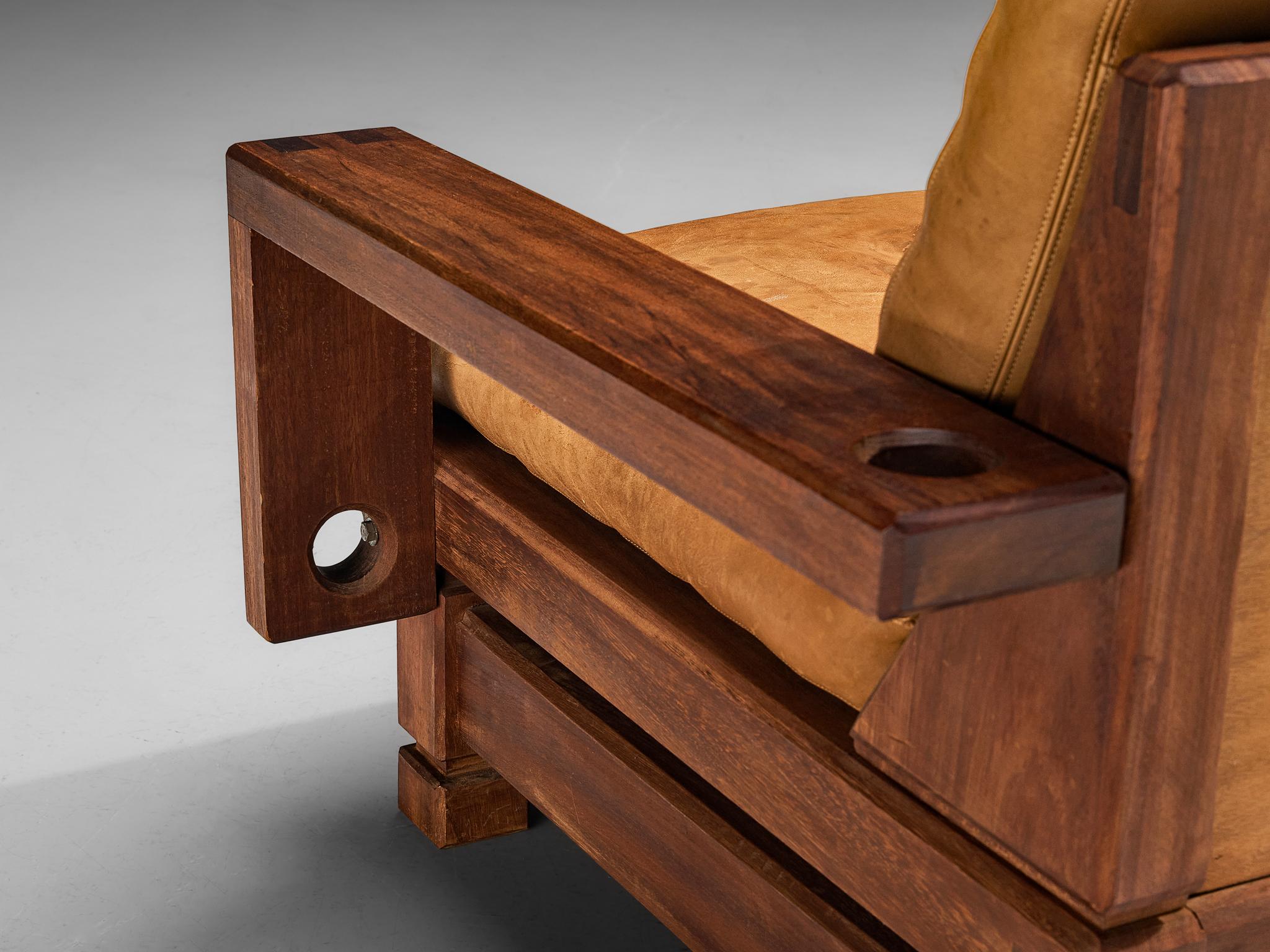 Mid-Century moderno Divano moderno di metà secolo in teak e pelle marrone cognac in vendita