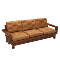 Mid-Century Modern Sofa in Teak and Cognac Brown Leather