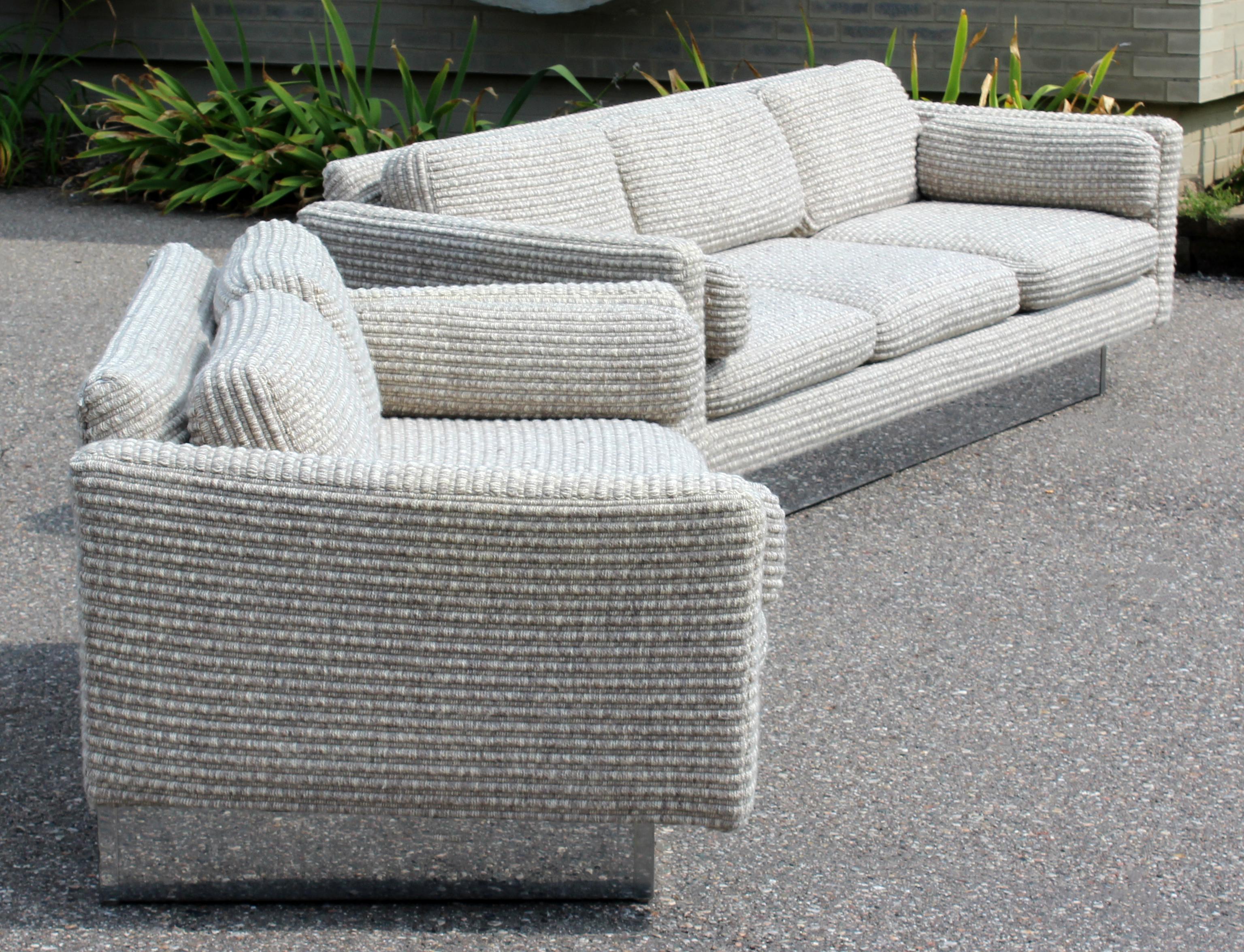 Late 20th Century Mid-Century Modern Sofa and Loveseat on Chrome Plinth Base by Milo Baughman