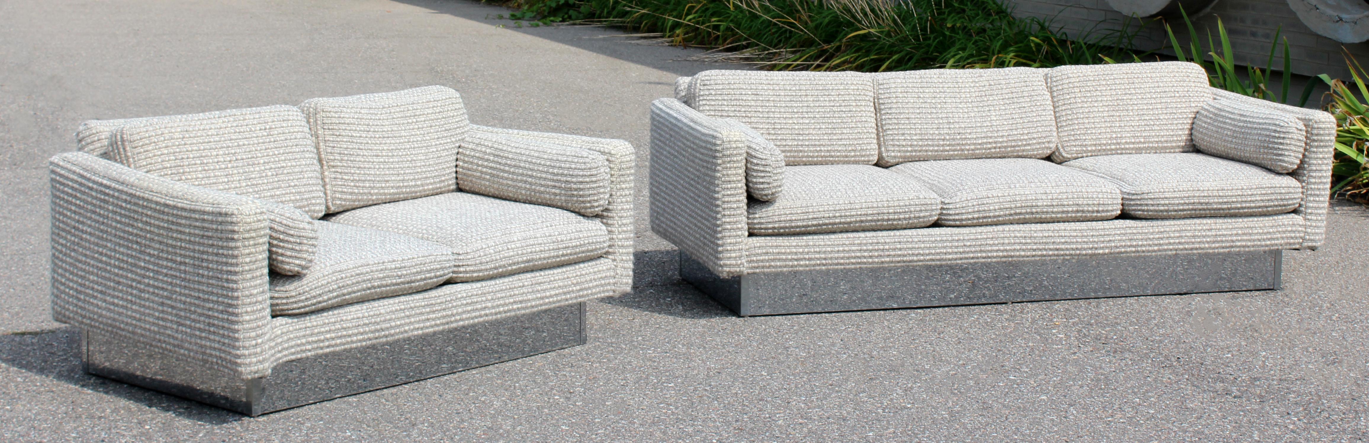 Upholstery Mid-Century Modern Sofa and Loveseat on Chrome Plinth Base by Milo Baughman