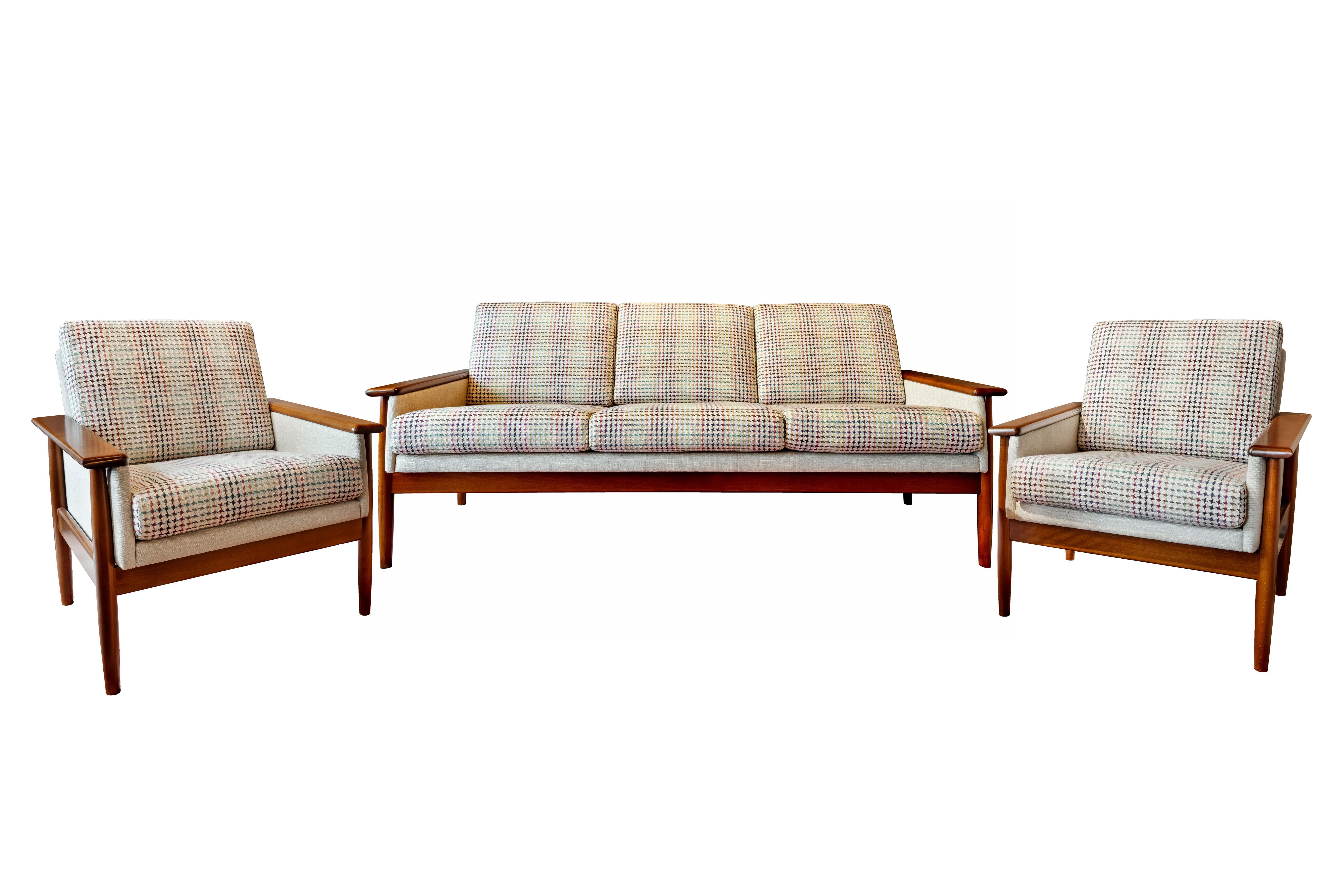  Mid-Century Modern Sofa Set 3 Seat and 2 Lounge Club Chairs Attr. to Knut Saete