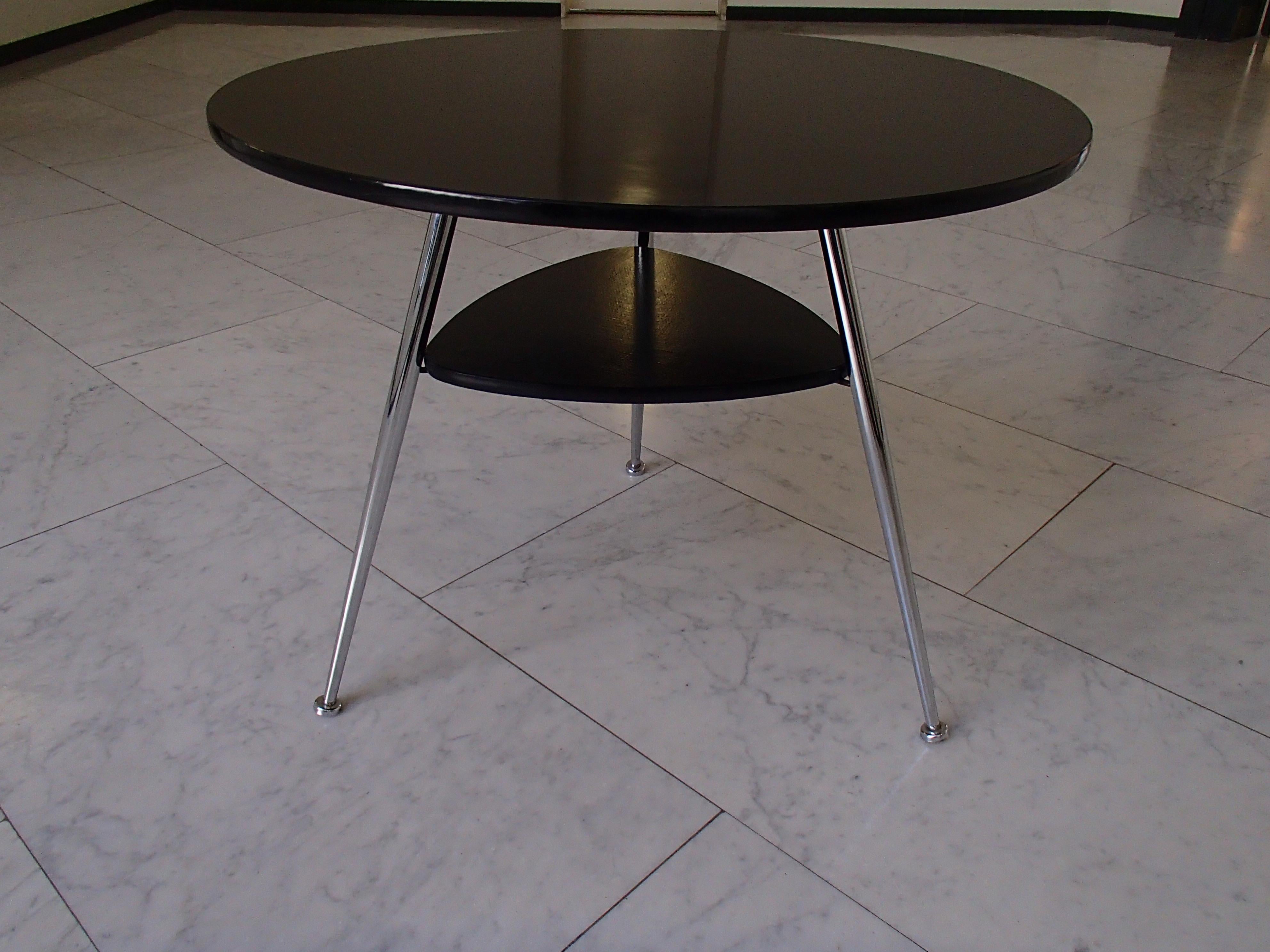 Mid-Century Modern Sofa Table Black Formica and 3 Chrome Legs 6