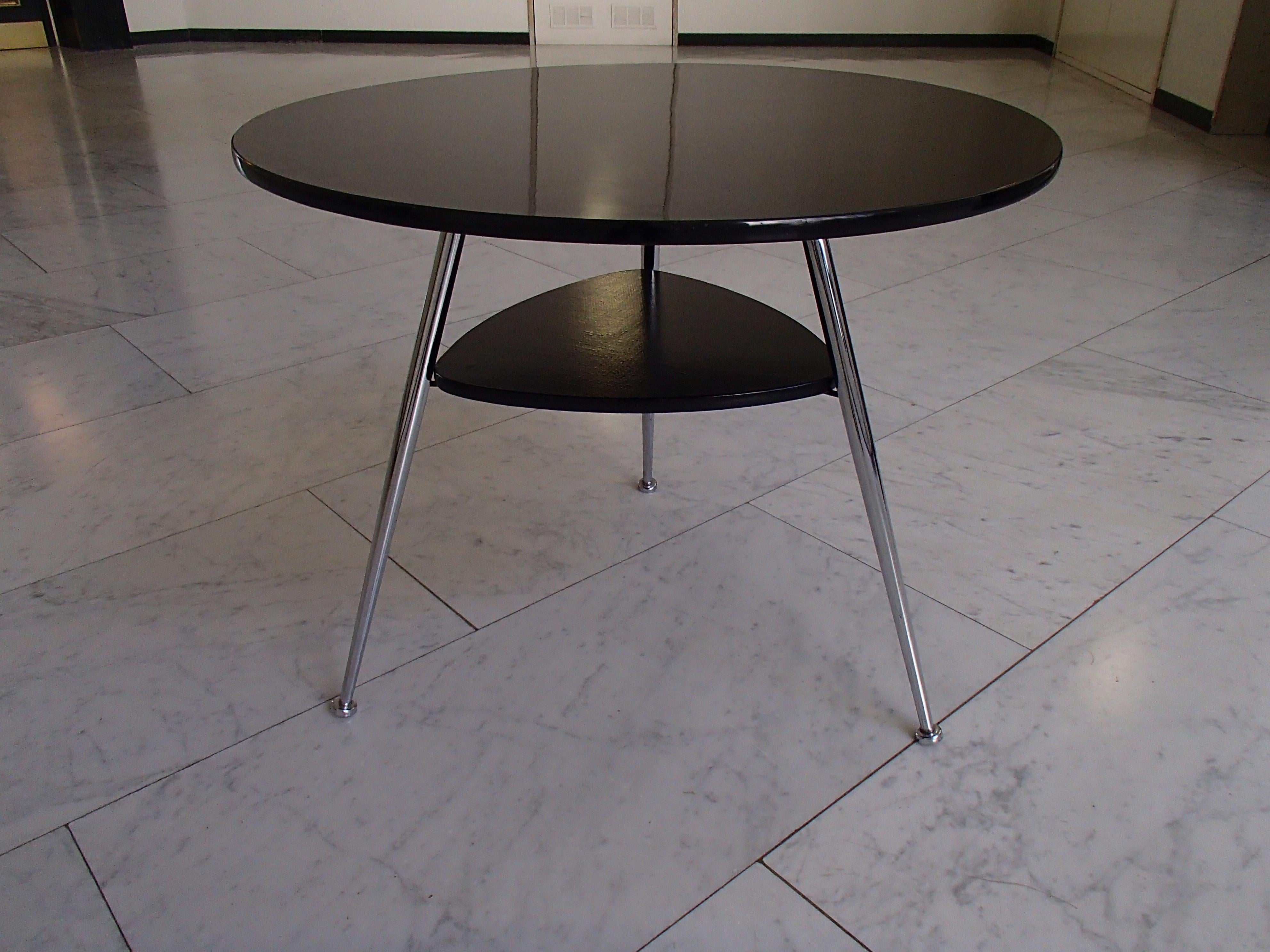 Mid-Century Modern Sofa Table Black Formica and 3 Chrome Legs 7
