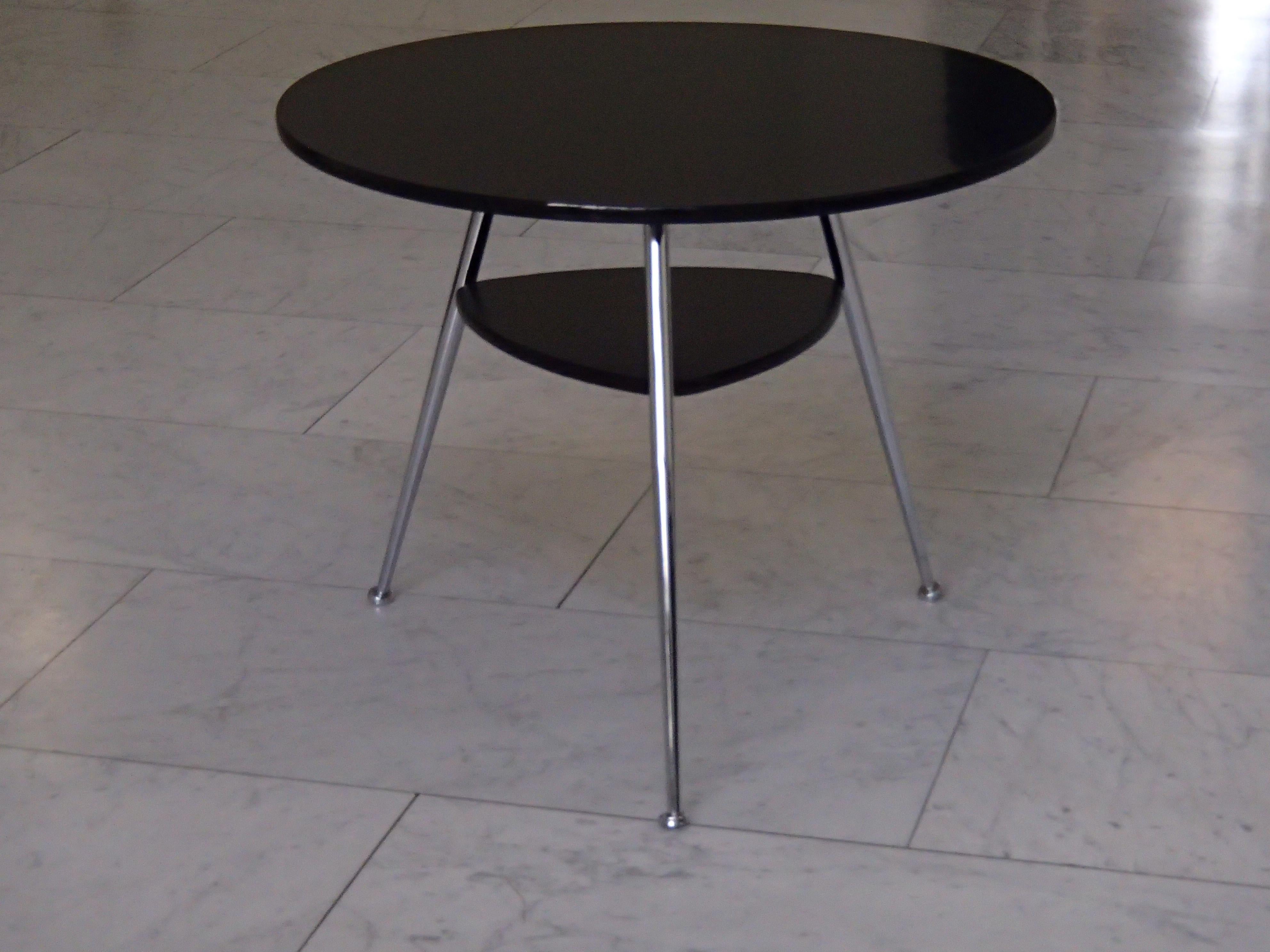 Mid-Century Modern Sofa Table Black Formica and 3 Chrome Legs 8
