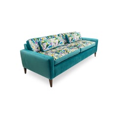 Mid-Century Modern Sofa Upholstered in Turquoise and Abstract Patterned Velvet