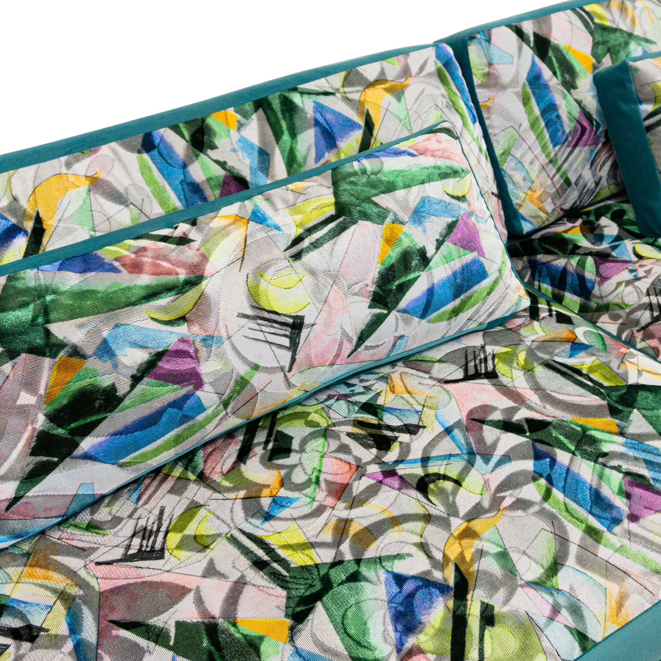 American Mid-Century Modern Sofa Upholstered in Turquoise and Abstract Patterned Velvet For Sale