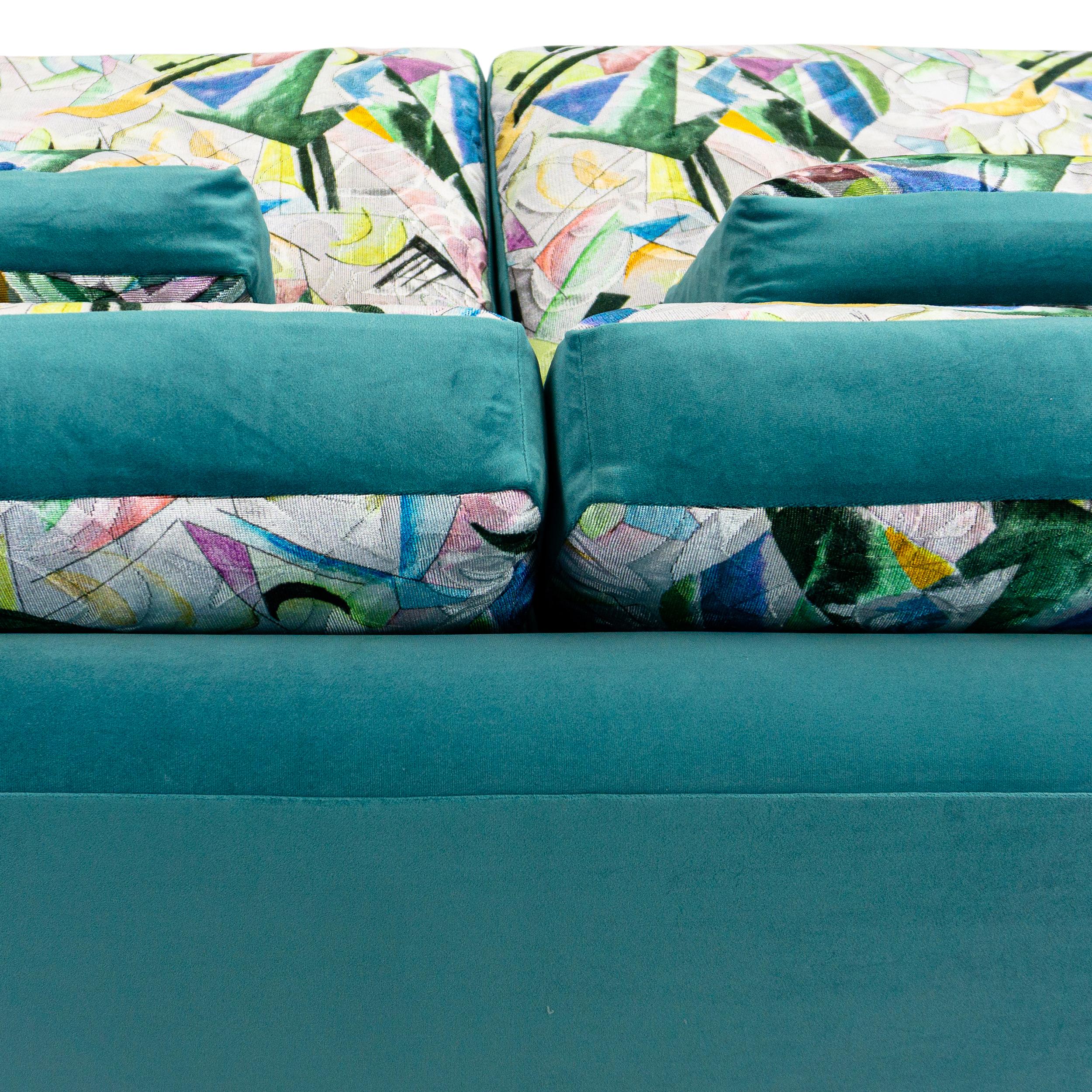 Stained Mid-Century Modern Sofa Upholstered in Turquoise and Abstract Patterned Velvet For Sale