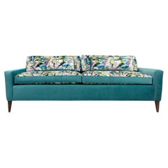 Mid-Century Modern Sofa Upholstered in Turquoise and Abstract Patterned Velvet