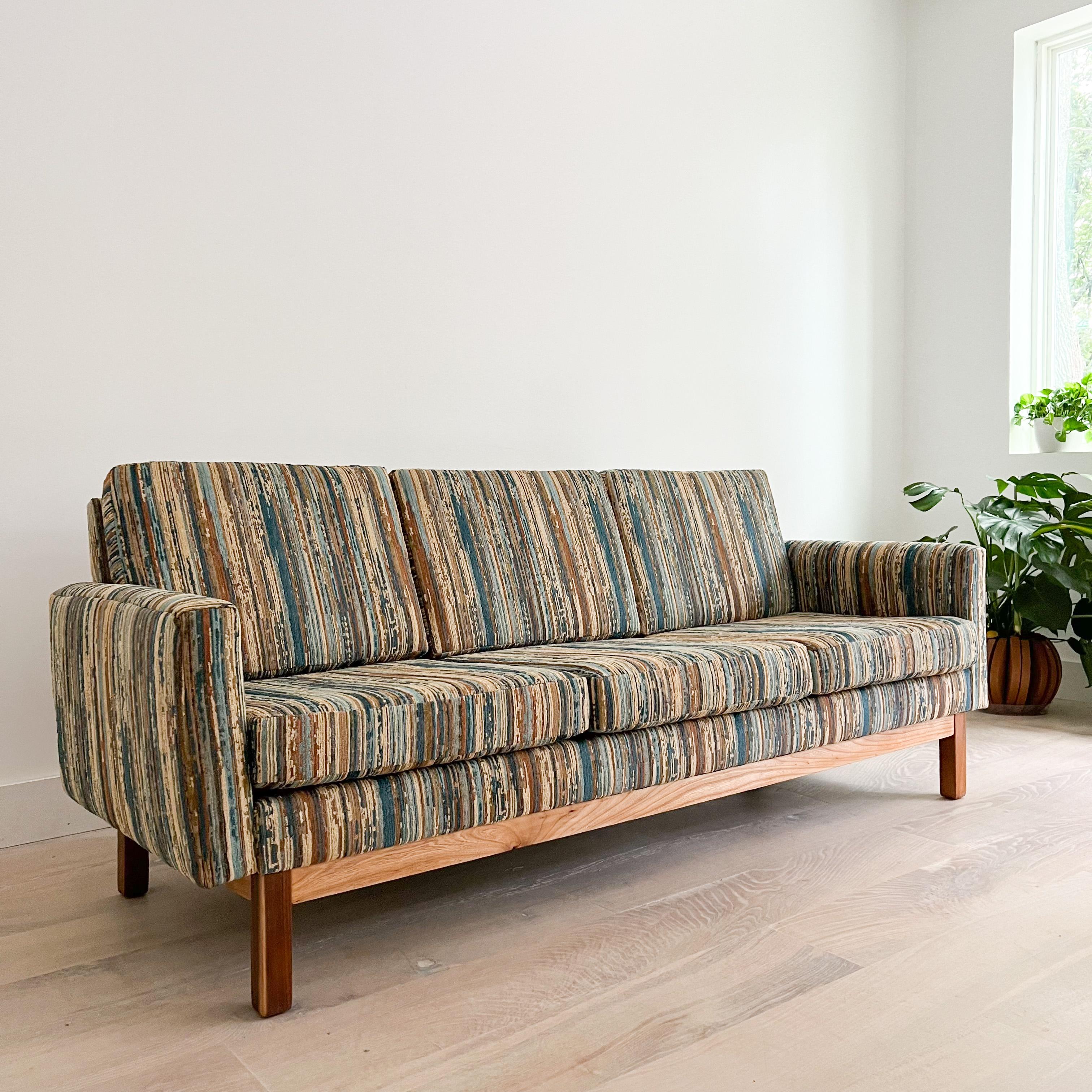 Mid-Century Modern Sofa w/ New Vintage Style Stripe Upholstery In Excellent Condition In Asheville, NC