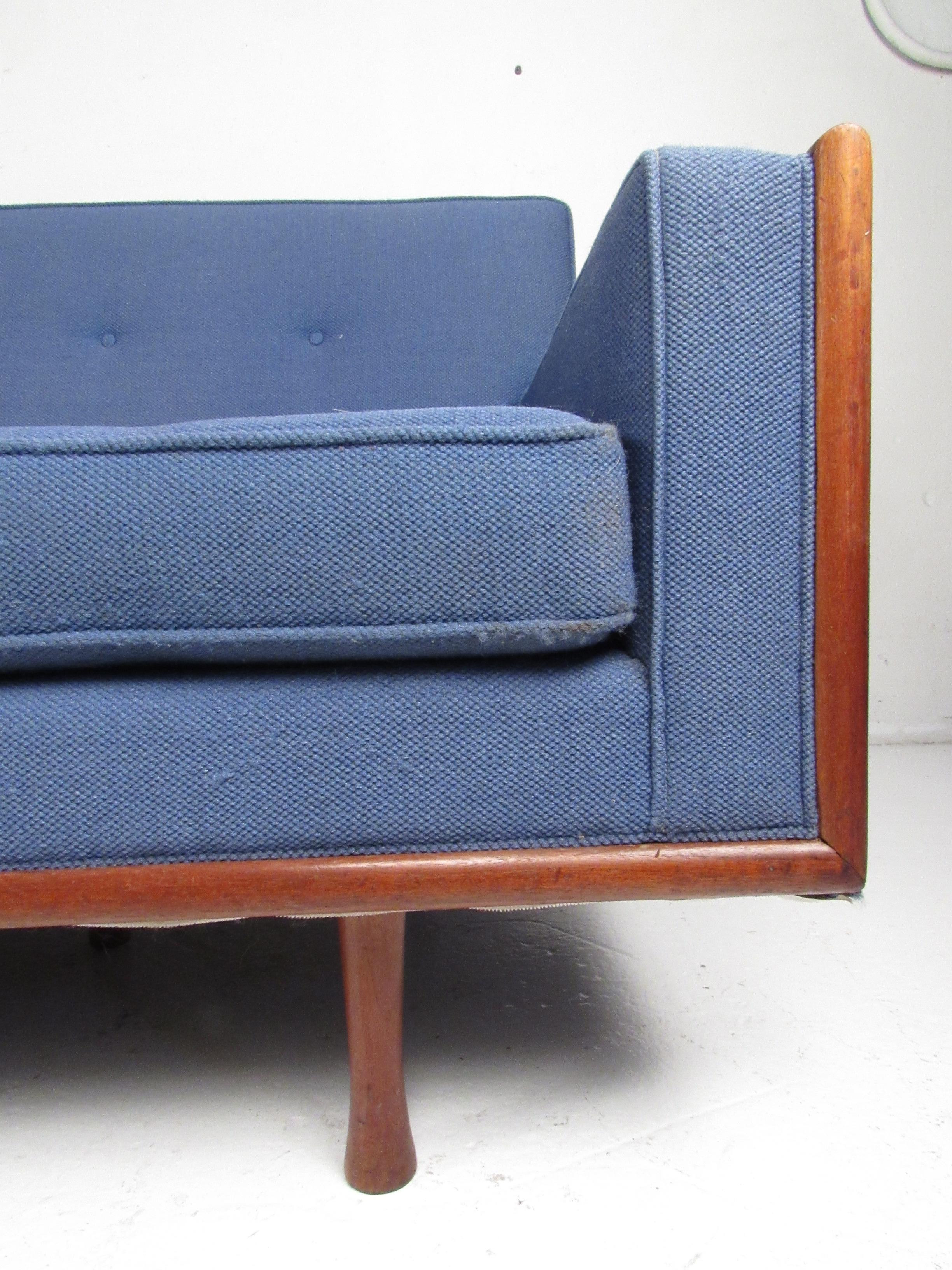 Upholstery Mid-Century Modern Sofa with Walnut Accents