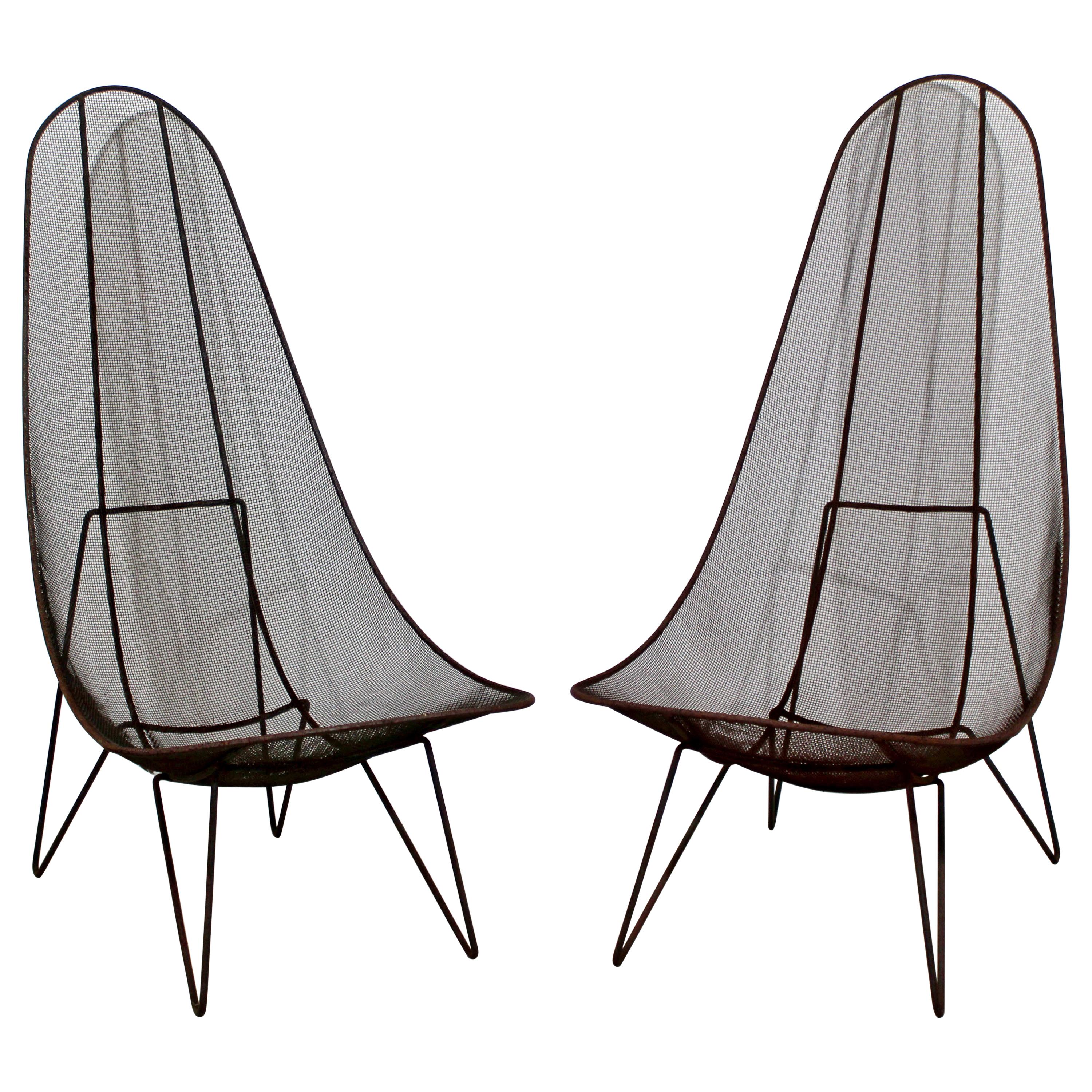 Mid-Century Modern Sol Bloom Pair of Black Iron Scoop Outdoor Patio Chairs 1950s