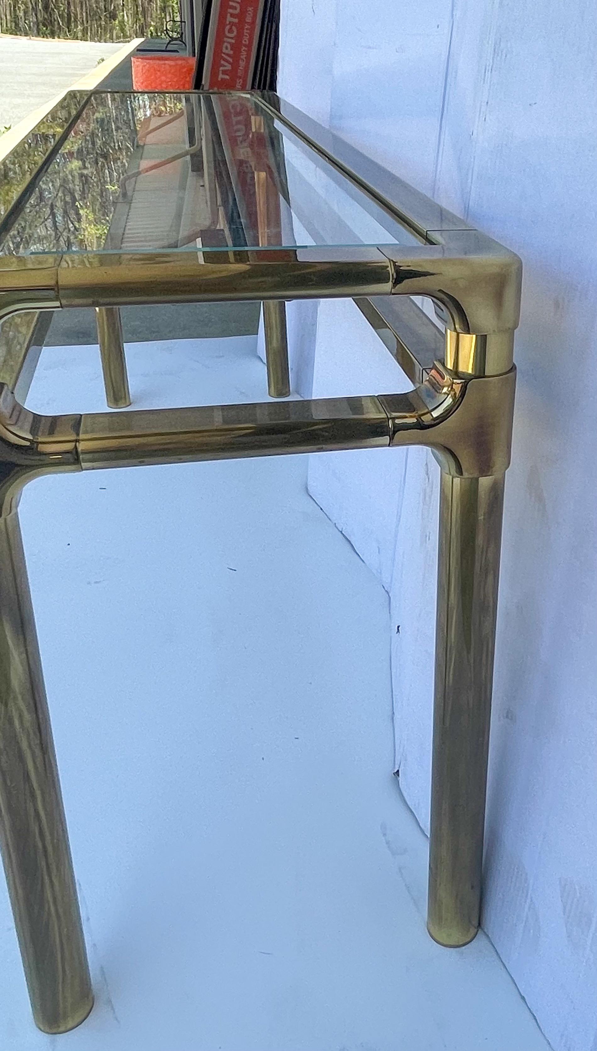 Mid-Century Modern Solid Brass Console Tables Att. To Mastercraft- Pair In Good Condition For Sale In Kennesaw, GA