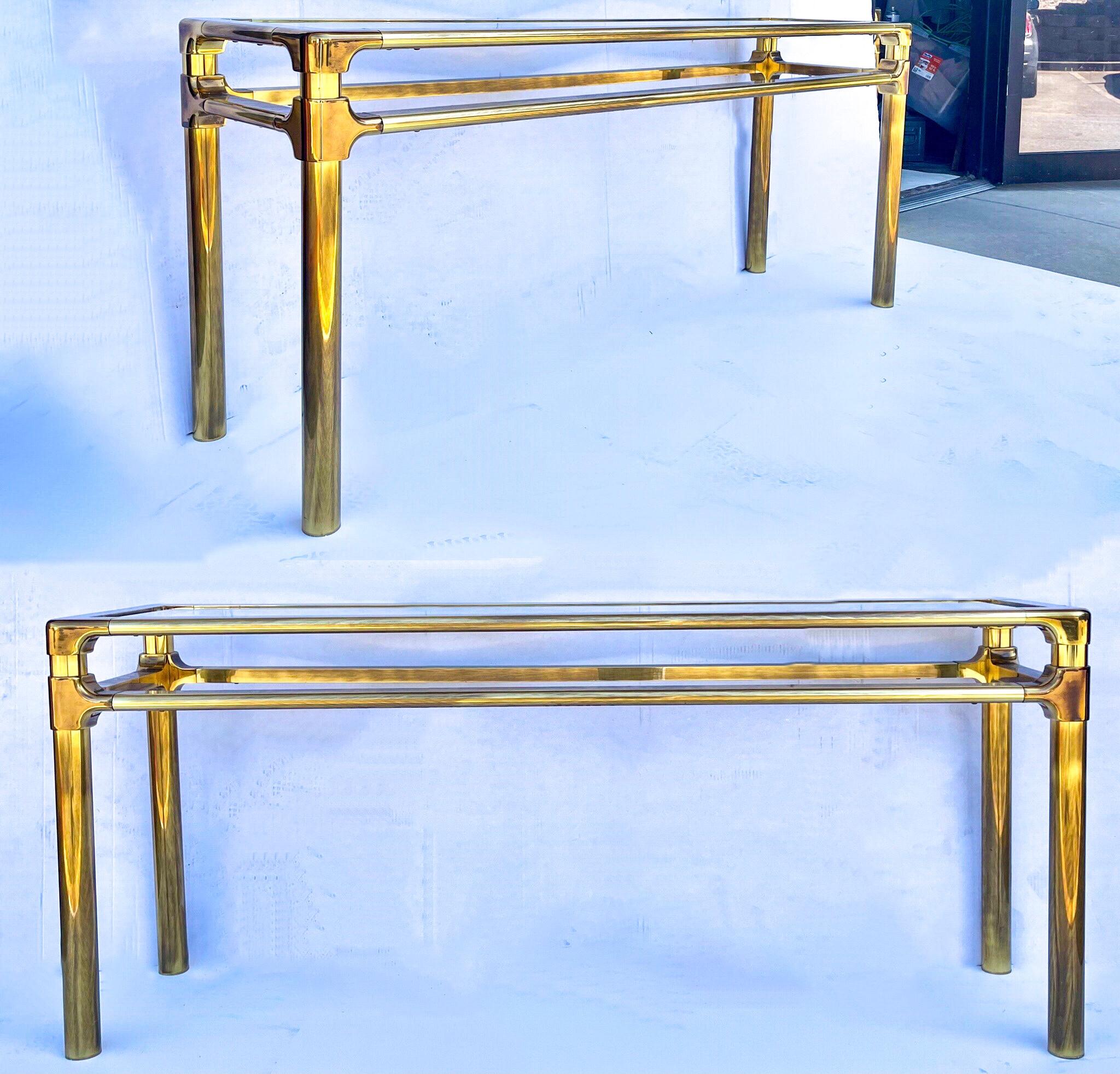 20th Century Mid-Century Modern Solid Brass Console Tables Att. To Mastercraft- Pair For Sale