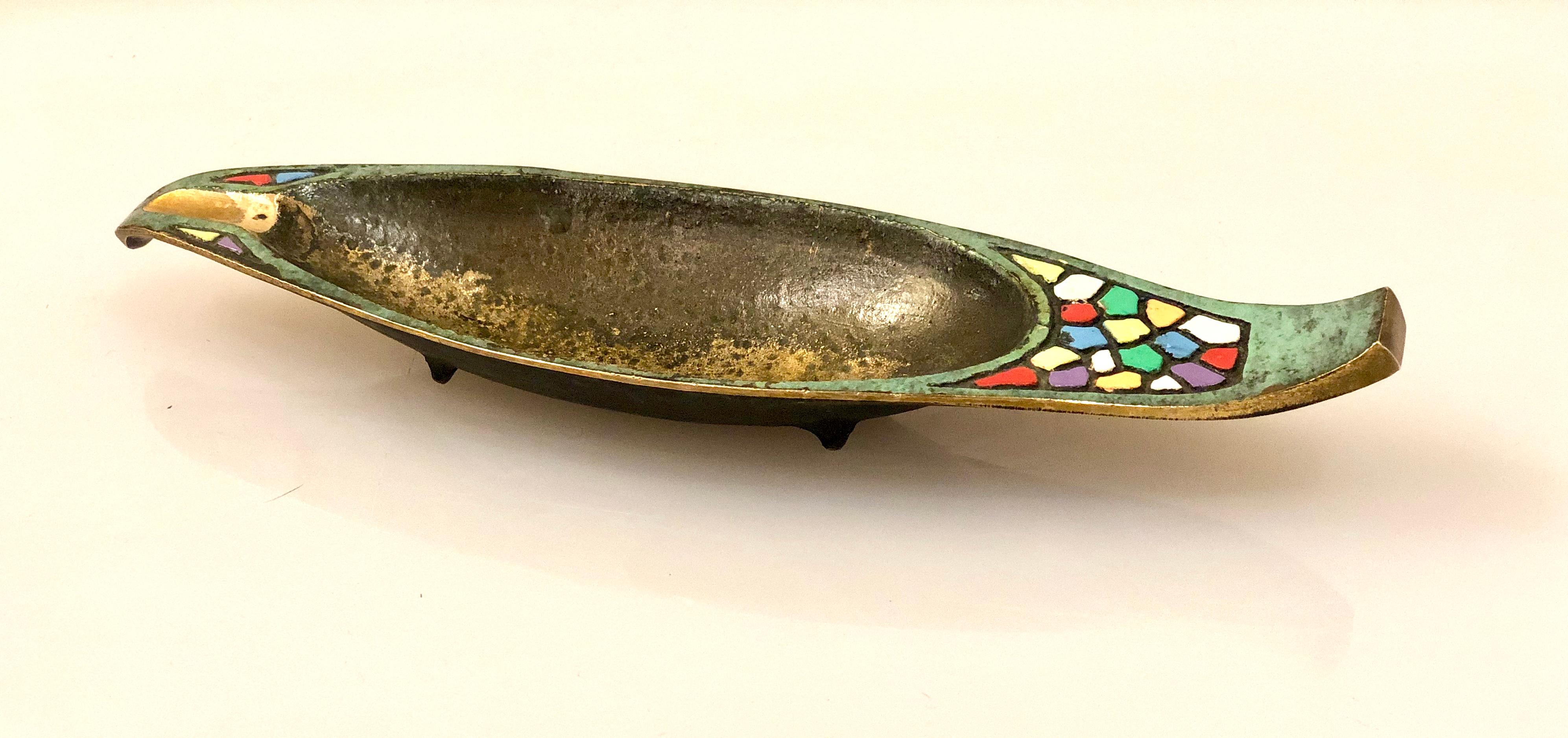 Multicolored solid brass Atomic design, ashtray circa 1950s Made in Israel. Enameled multicolor and black combo.