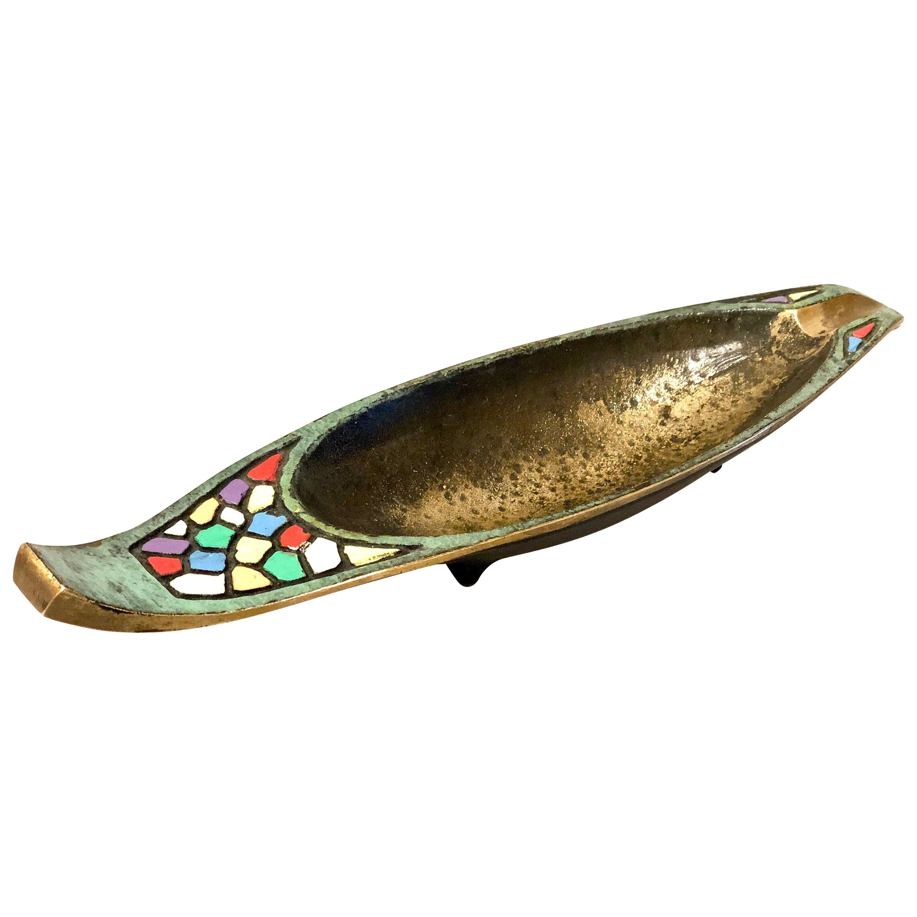 Mid-Century Modern Solid Brass Enameled Boat Shape Ashtray For Sale